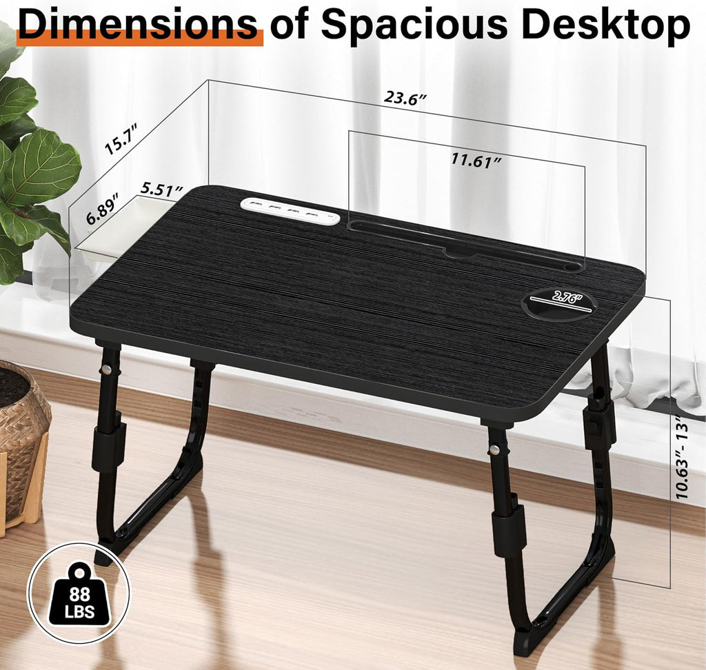 Lap desk for bed adjustable height with USB port 23.6" x15.7" desktop storage drawer, bookshelf, fits 17" laptop, for couch WFH study, foldable non-slip no assembly sturdy lightweight black - view 4