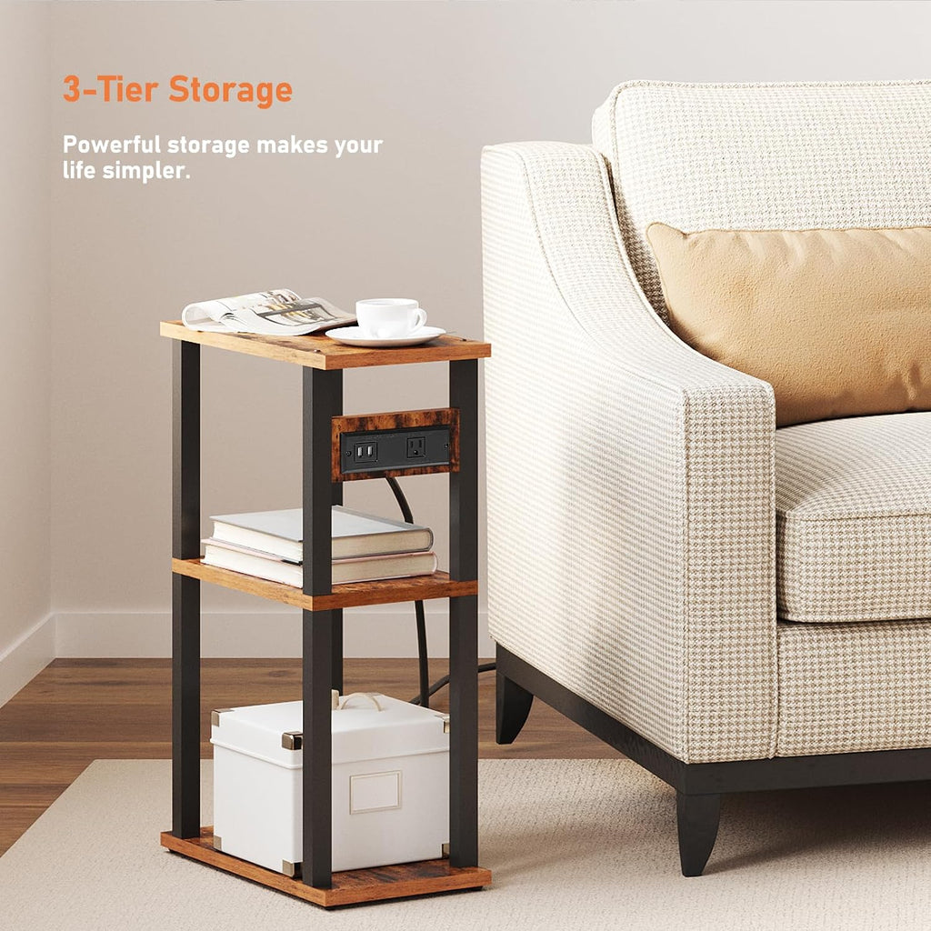 Small Narrow Side Table with Charging Station, Skinny End Table | for Small Spaces, Slim Nightstand with USB Ports and Outlet, Sofa Beside Table with Wheels, Brown TB01BB046 - view 4