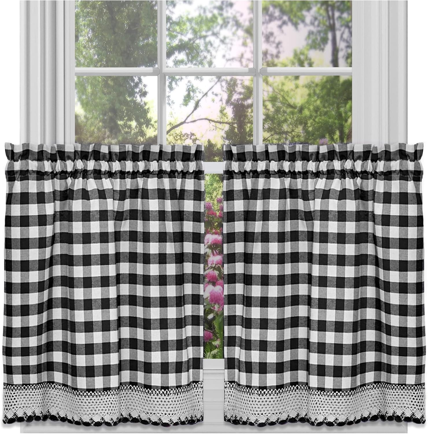 Buffalo Check Tier Pair Window Curtain Set - 58 Inch Width, 36 Inch Length - Black & White Plaid Drapes - Light Filtering Drapes for Kitchen, Bedroom, Living & Dining Room Home Decor