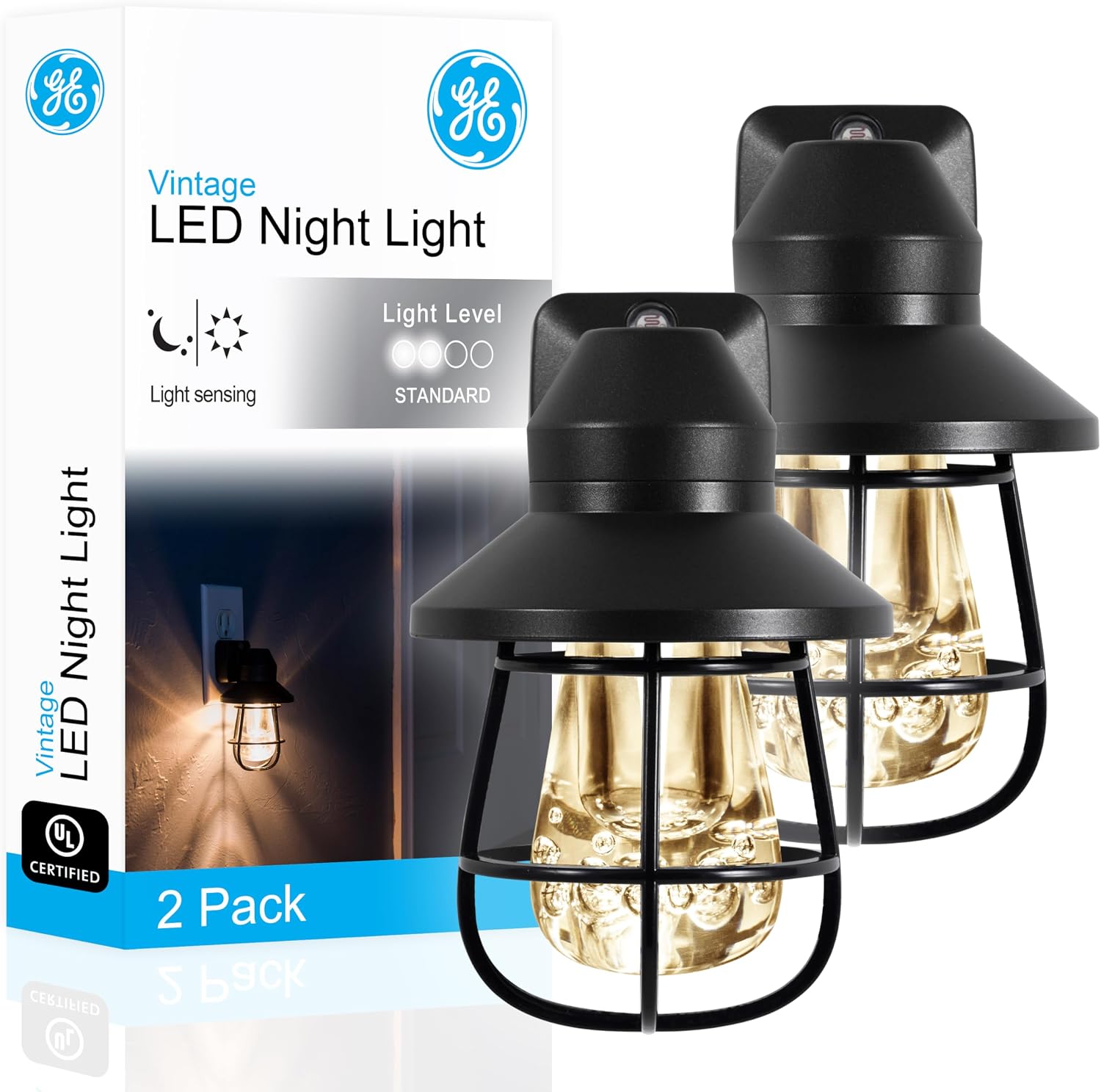 Plug in farmhouse night light with dusk to dawn sensor, 2 pack | Vintage décor for bedroom, bathroom, and entryway, UL certified, energy efficient