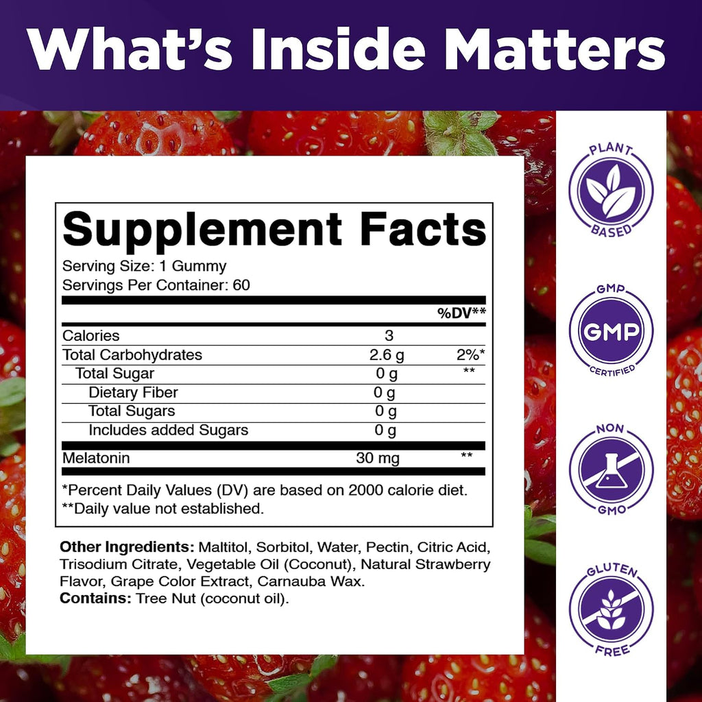 Sugar Free Melatonin 30mg per Gummy - 60 Servings - 60 Vegetarian Gummies - Non-Habit Forming Supplement (60 Count (Pack of 2)) - view 2