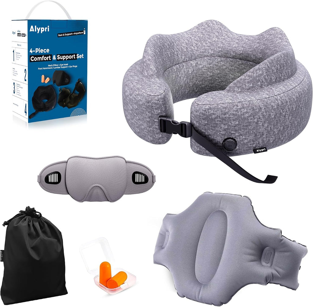 4-in-1 Travel Comfort Set Inflatable Neck Pillow, Convertible Lumbar Support & Foot Hammock, 3D Sleep Mask & Ear Plugs Complete Comfort Kit for Airplane, Office & Car Gift-Ready (Gray)