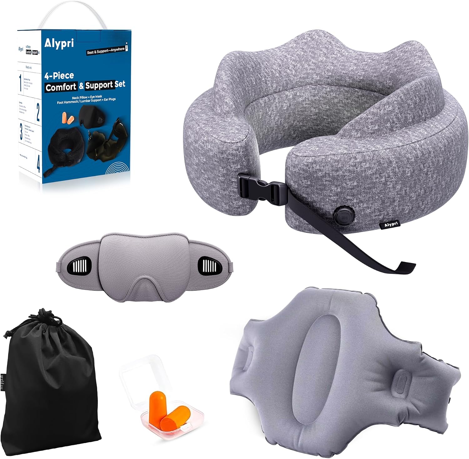 4-in-1 Travel Comfort Set Inflatable Neck Pillow, Convertible Lumbar Support & Foot Hammock, 3D Sleep Mask & Ear Plugs Complete Comfort Kit for Airplane, Office & Car Gift-Ready (Gray)