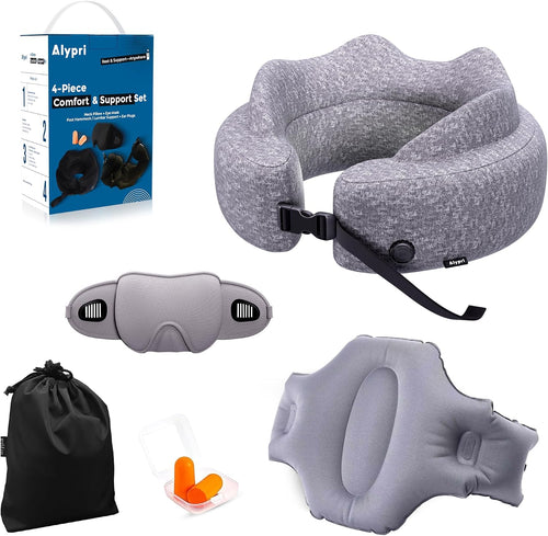 4-in-1 Travel Comfort Set Inflatable Neck Pillow, Convertible Lumbar Support & Foot Hammock, 3D Sleep Mask & Ear Plugs Complete Comfort Kit for Airplane, Office & Car Gift-Ready (Gray)