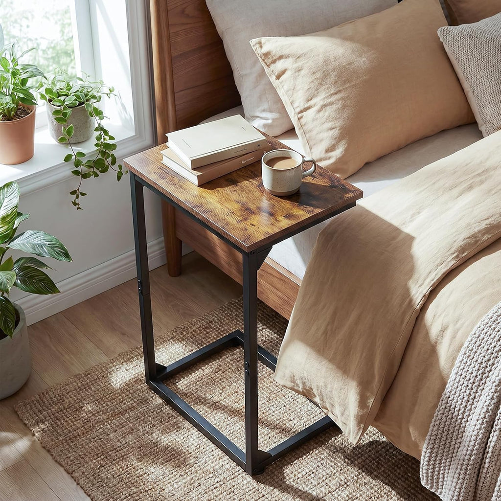Couch Side Table, 26.37" Tall C Shaped End Table Set of 2 | TV Trays That Slide Under Sofa, Slim Laptop Workstation for Living Room Bedroom Small Spaces, Rustic Brown - view 6