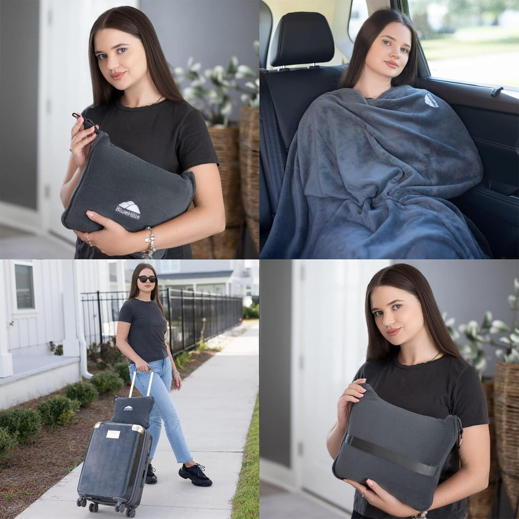 Premium Soft Travel Blanket Pillow 2-in-1 Airplane Warm - Gray | 2 in 1 Airplane Blanket Pillow, Hand Luggage Strap & Backpack Clip, Lightweight & Compact, Must Have Essential Travel Gifts - view 3
