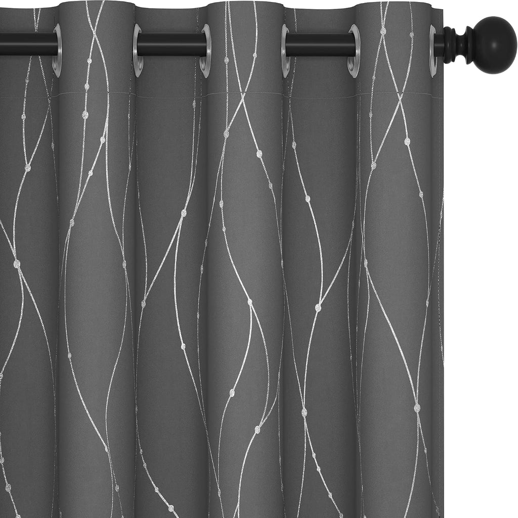 Blackout Curtains, Light Grey Thermal Grommet Drapes, Silver Wave Dots Foil Print, Thermal Window Panels, 52" W x 84" L, 2 Panels, for Bedroom Living Room Nursery Office