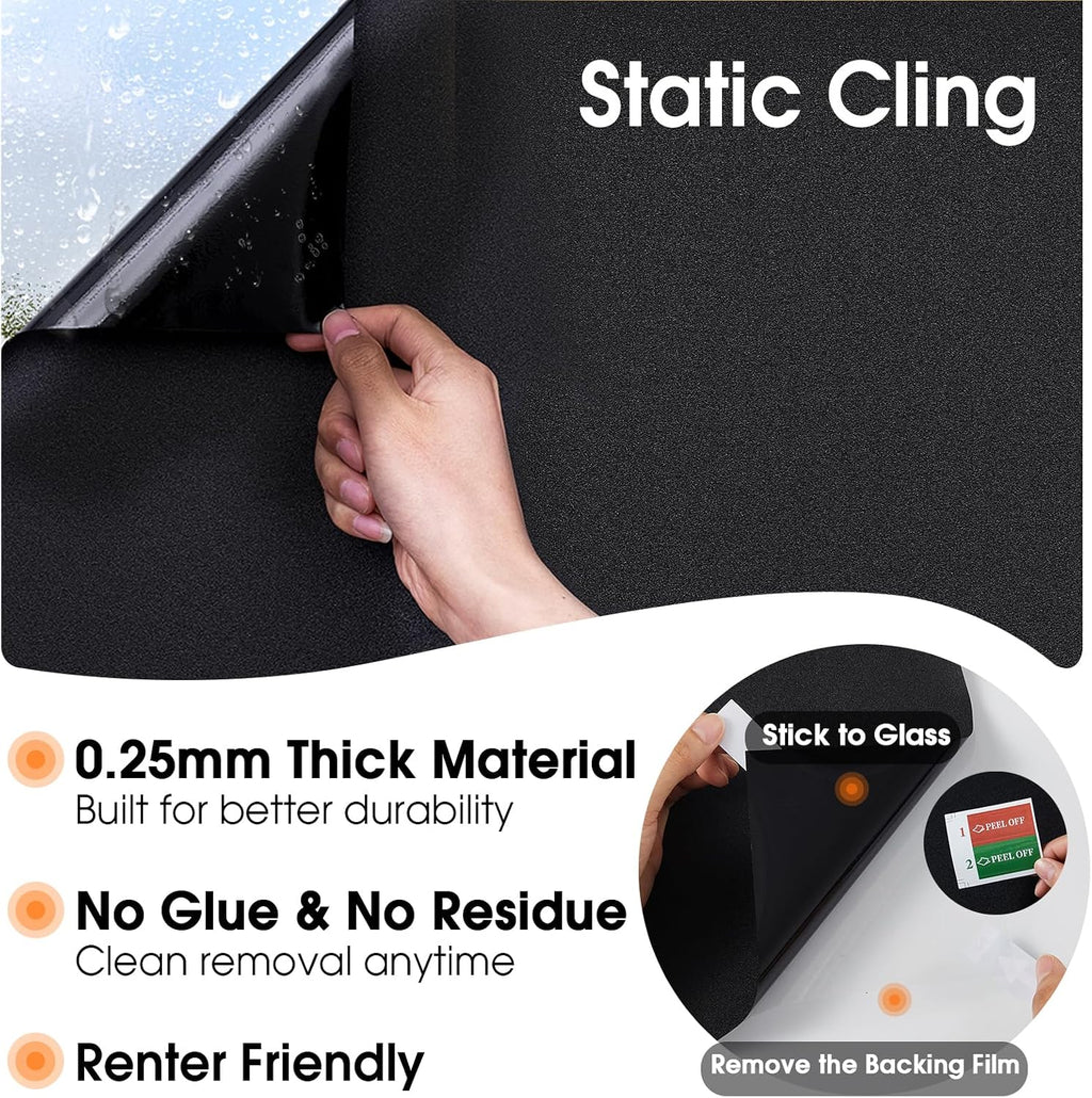 Blackout window privacy film, room darkening, 17.5" x 78.7" | 100% light blocking, no glue static cling removable, heat & UV blocking, renter friendly cover for daytime sleep bedroom - view 5