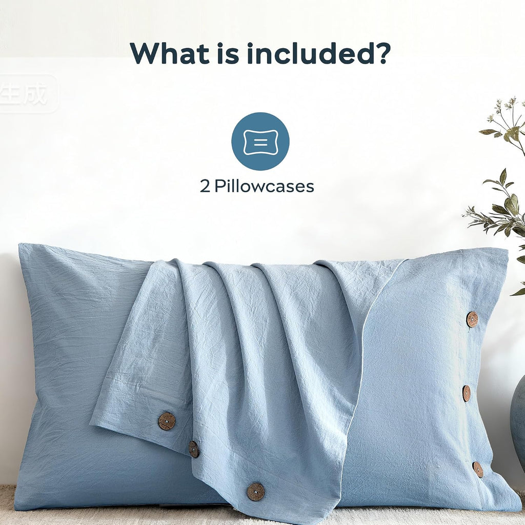 100% Washed Cotton Pillowcases, Standard, Button Closure | OEKO-TEX Certified, Pre-Shrunk, Natural Wrinkles, Linen-Look Texture for Everyday Bedding, Set of 2, 20 x 26 in - view 8