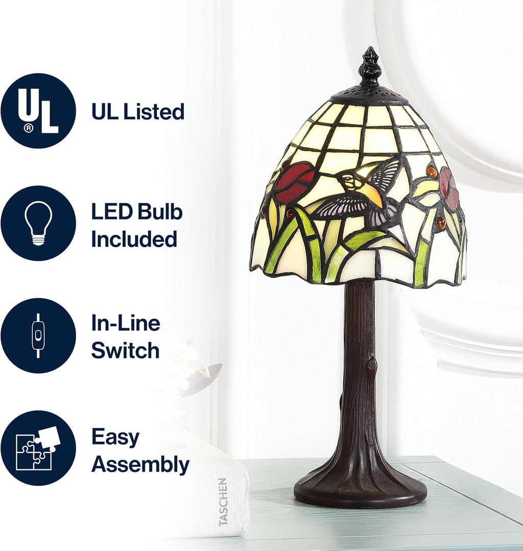 Hummingbird Tiffany-style table lamp 12" stained glass, bronze | handcrafted multicolored bell shade, traditional bedside accent desk lighting, metal base, LED bulb included - view 2