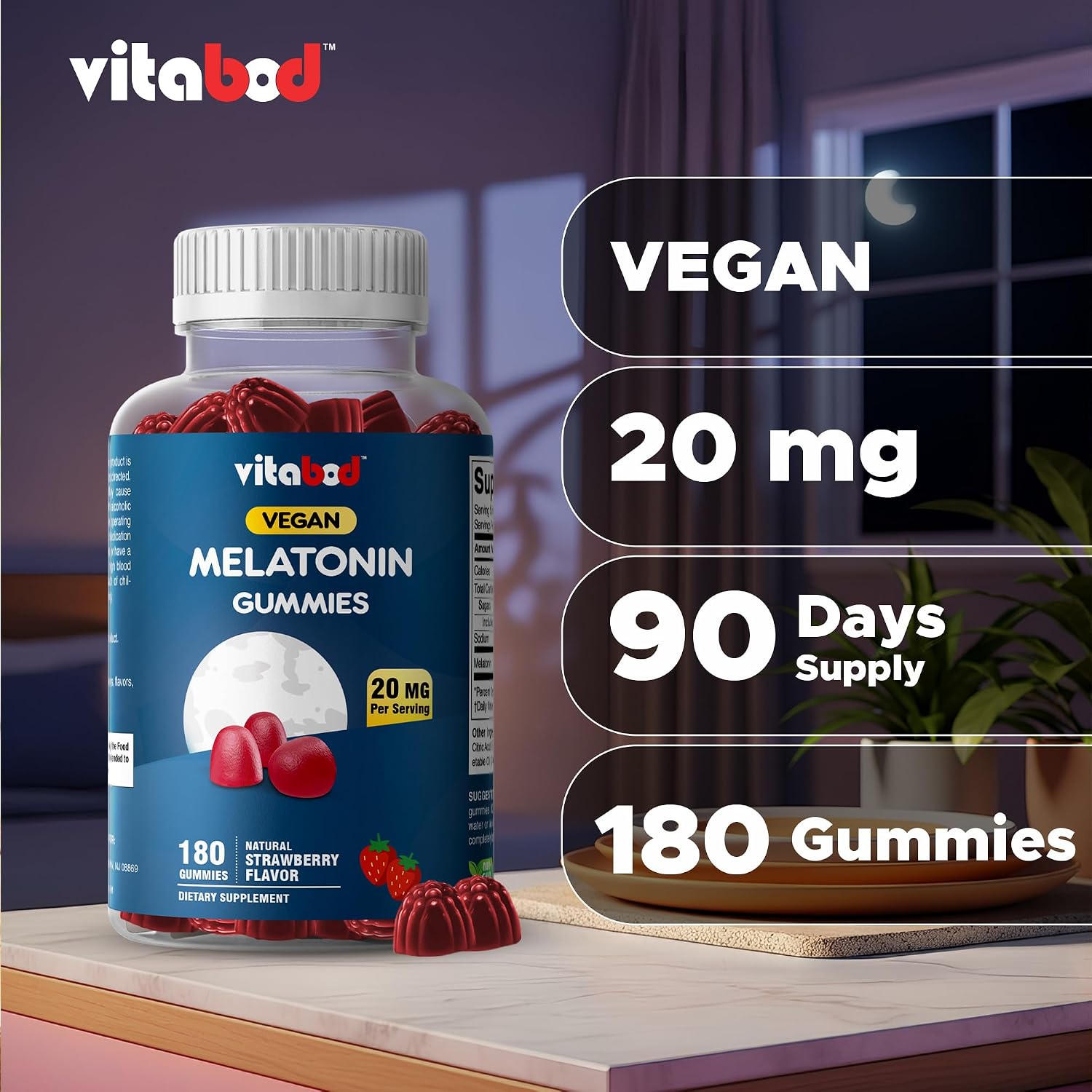 Melatonin 20mg Gummies - 180 Count - Drug Free - Natural Strawberry Flavor - Vegetarian, Non-GMO, Gluten Free (3 Bottles) - view 3