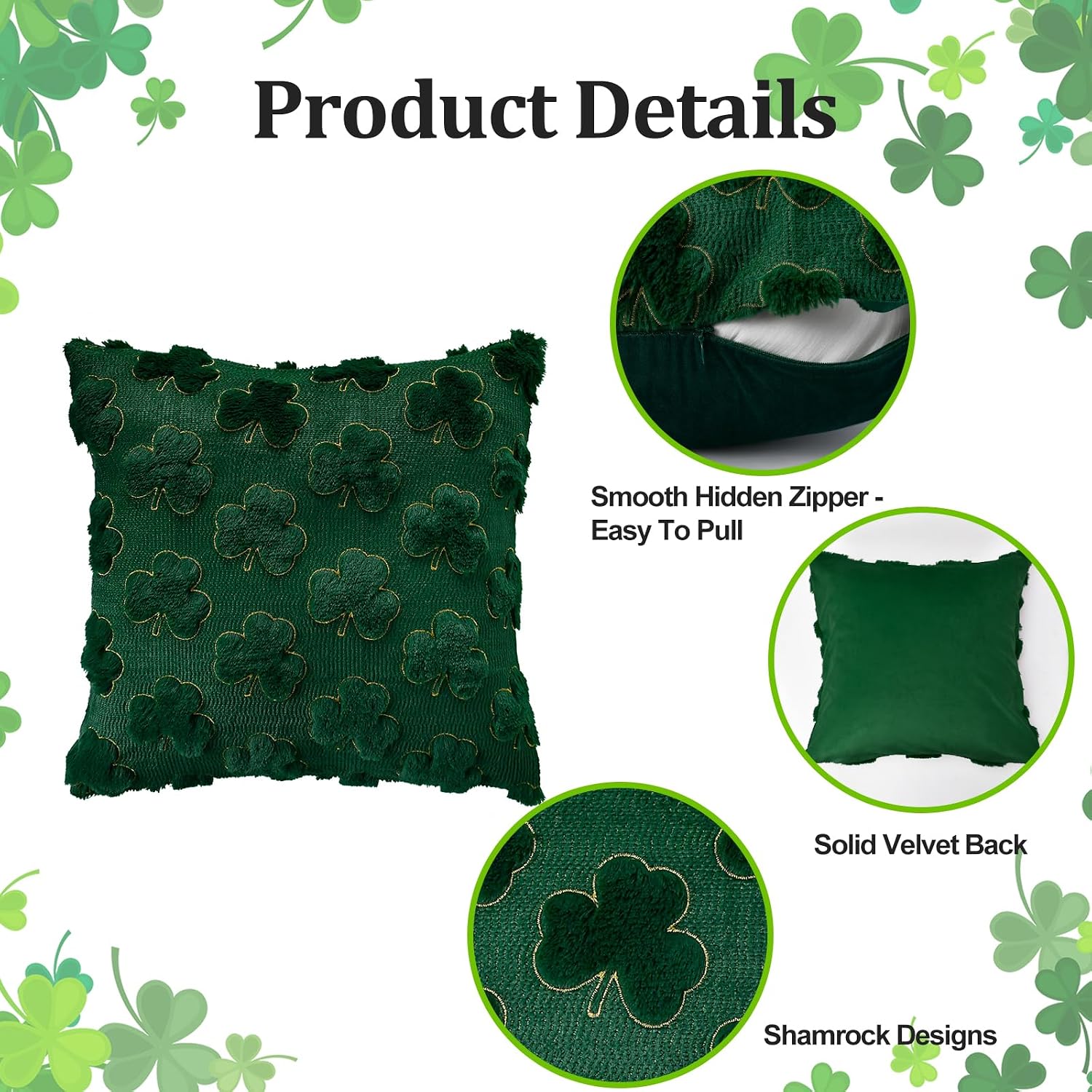 St Patricks Day Decorations Pillow Covers 18x18 inch Set of 2 Home Decor | Shamrock Shaped Pattern Faux Fur Soft Plush Home Decor St Patricks Pillow Case for Indoor Outdoor Sofa Bedroom Living Room - view 3