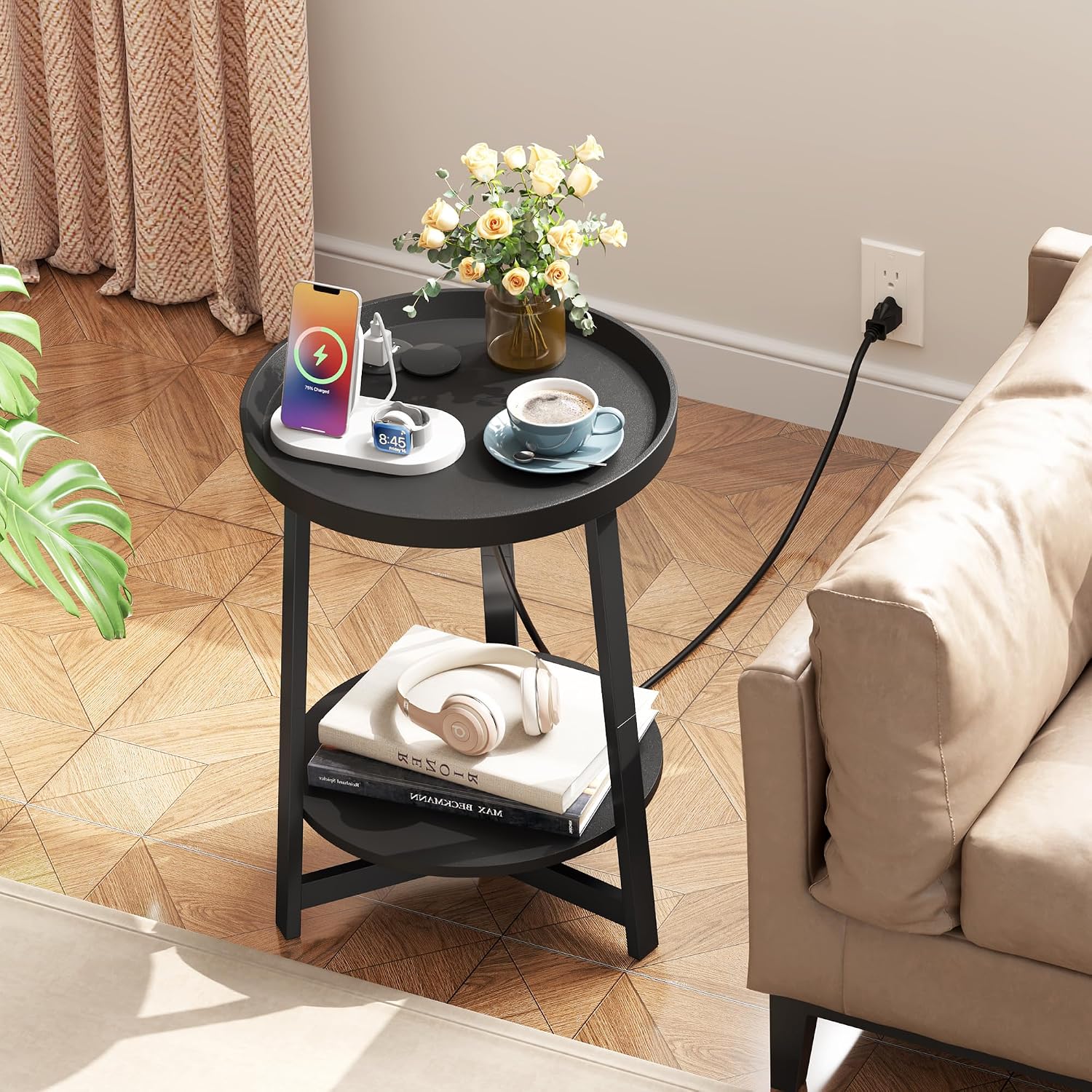 2 Tier Round Side Table with Storage Shelf,Accent Tray End Table with Modern Pedestal Legs, Nightstand Bedside Sofa Table for Living Room Bedtoom Apartment, Black - view 6