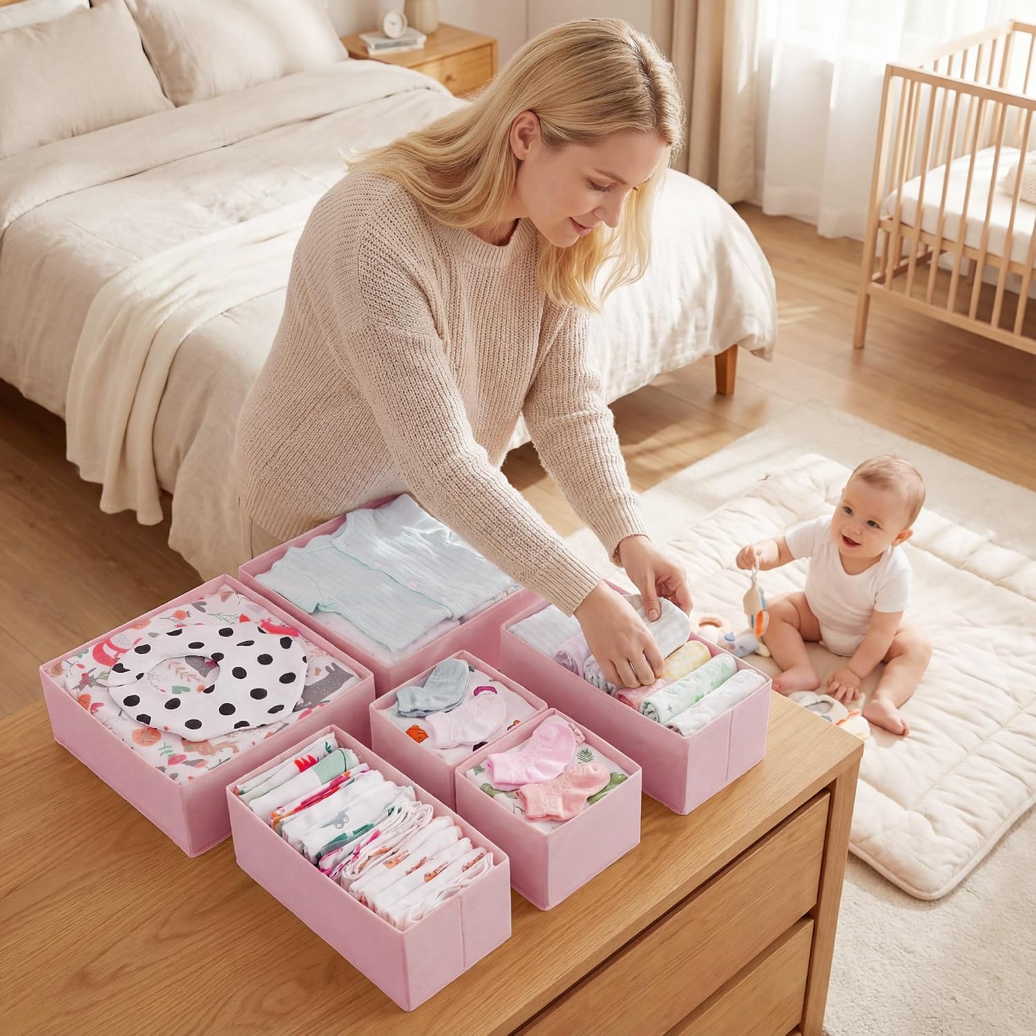 Drawer Organizer Clothes, 12 Pack Dresser Organizer Bins for Nursery, Closet Organization and Storage Dividers for Clothing, Baby Clothes, Underwears, Pink - view 7