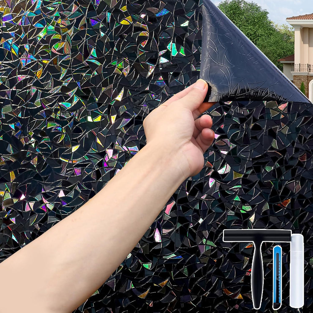 Total blackout window privacy film with installation tools, rainbow room darkening black window cover, static cling 100% light blocking 17.5 x 78.7 inches