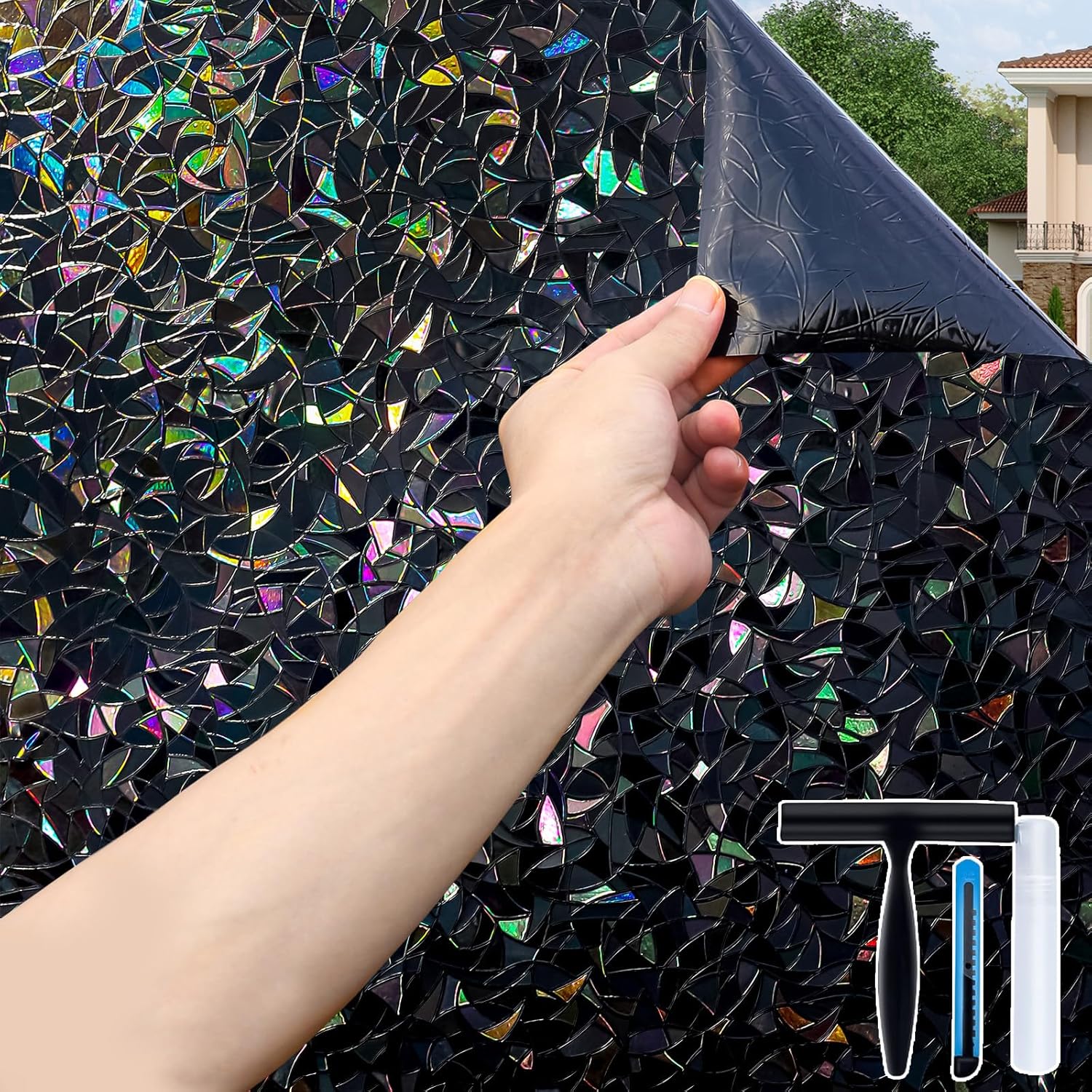 Total blackout window privacy film with installation tools, rainbow room darkening black window cover, static cling 100% light blocking 17.5 x 78.7 inches