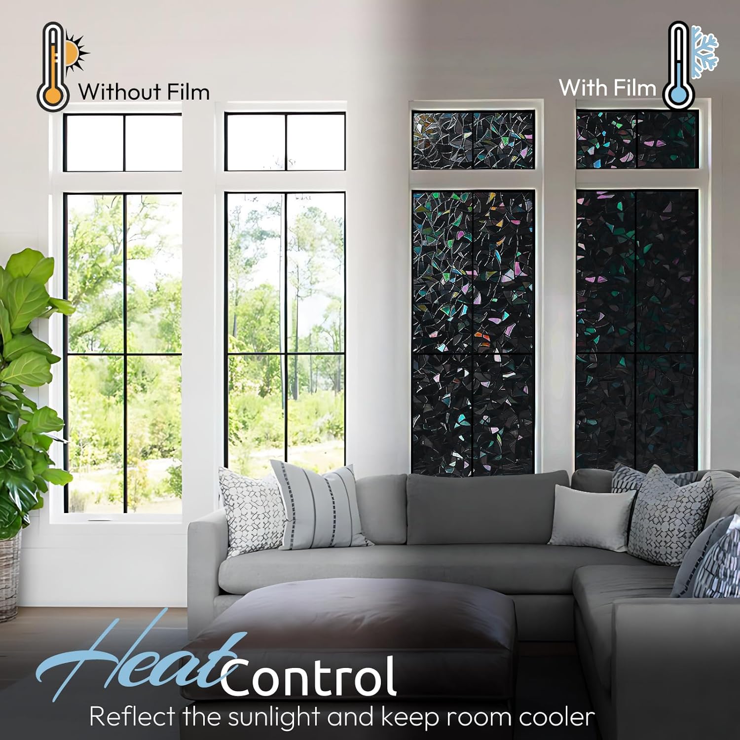 Rainbow window privacy film, stained cling, black, 23.6" x 157.4" | decorative static sticker, non-adhesive reusable window tint, heat control UV blocking coverings for home doors, living room - view 6
