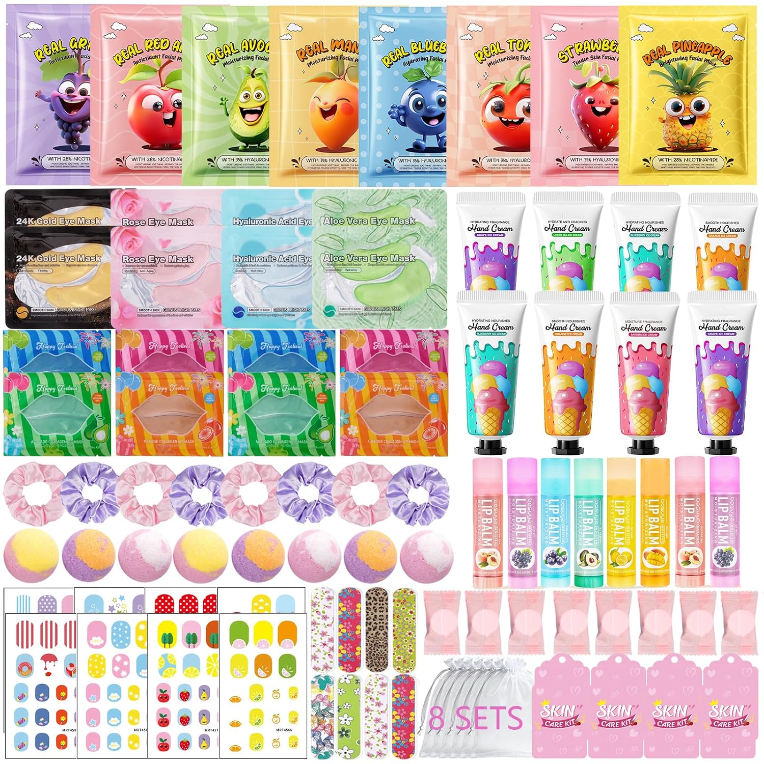 96 pcs spa party supplies for women, spa favors include face masks, hand cream, lip balm, under eye patches, lip mask, foot bomb, nail stickers, sleepover party supplies birthday kit for girls gift set