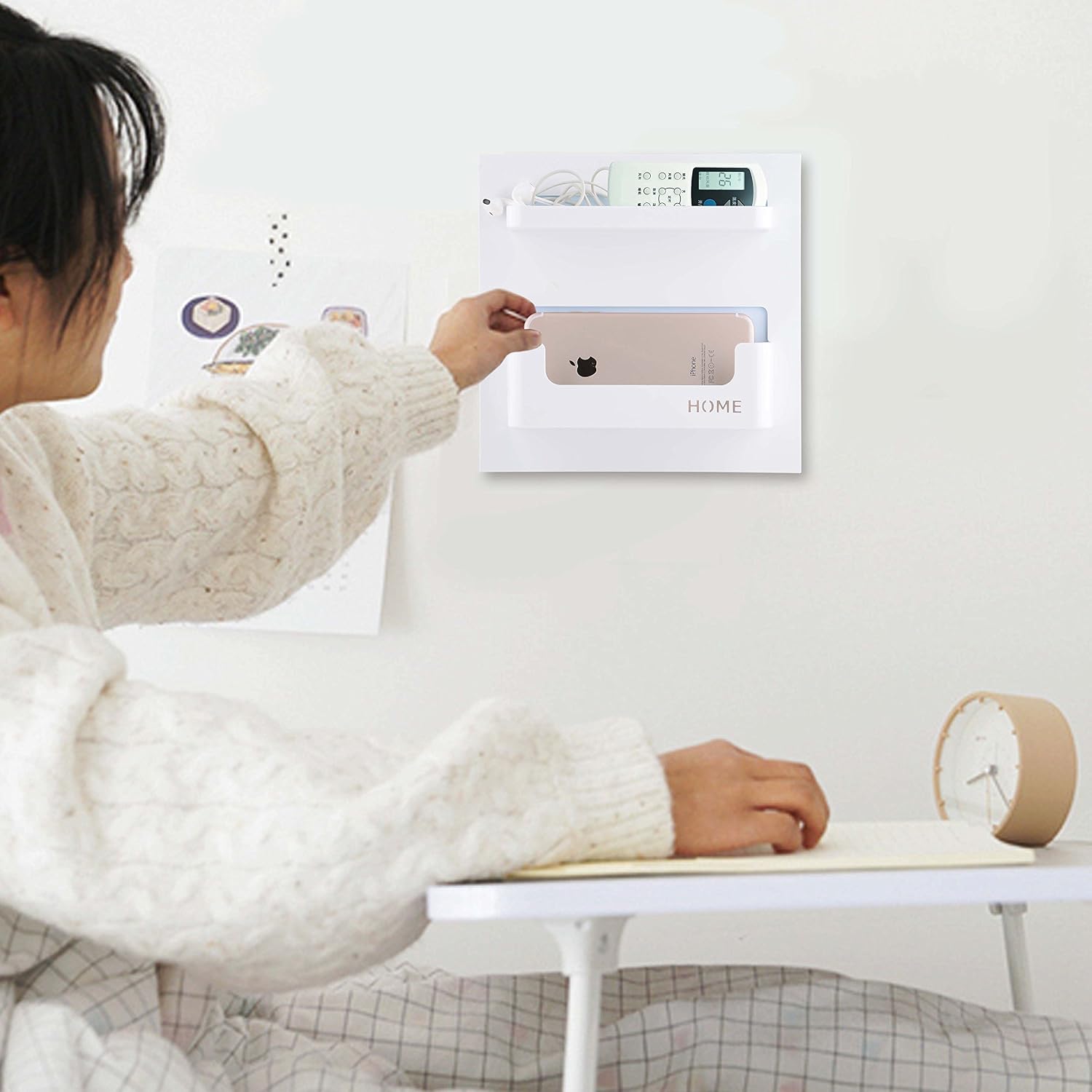 Bedside shelf accessories organizer - wall mount self stick on, ideal for glasses, remote, earphone, cell phone charger, manicure kit - view 2