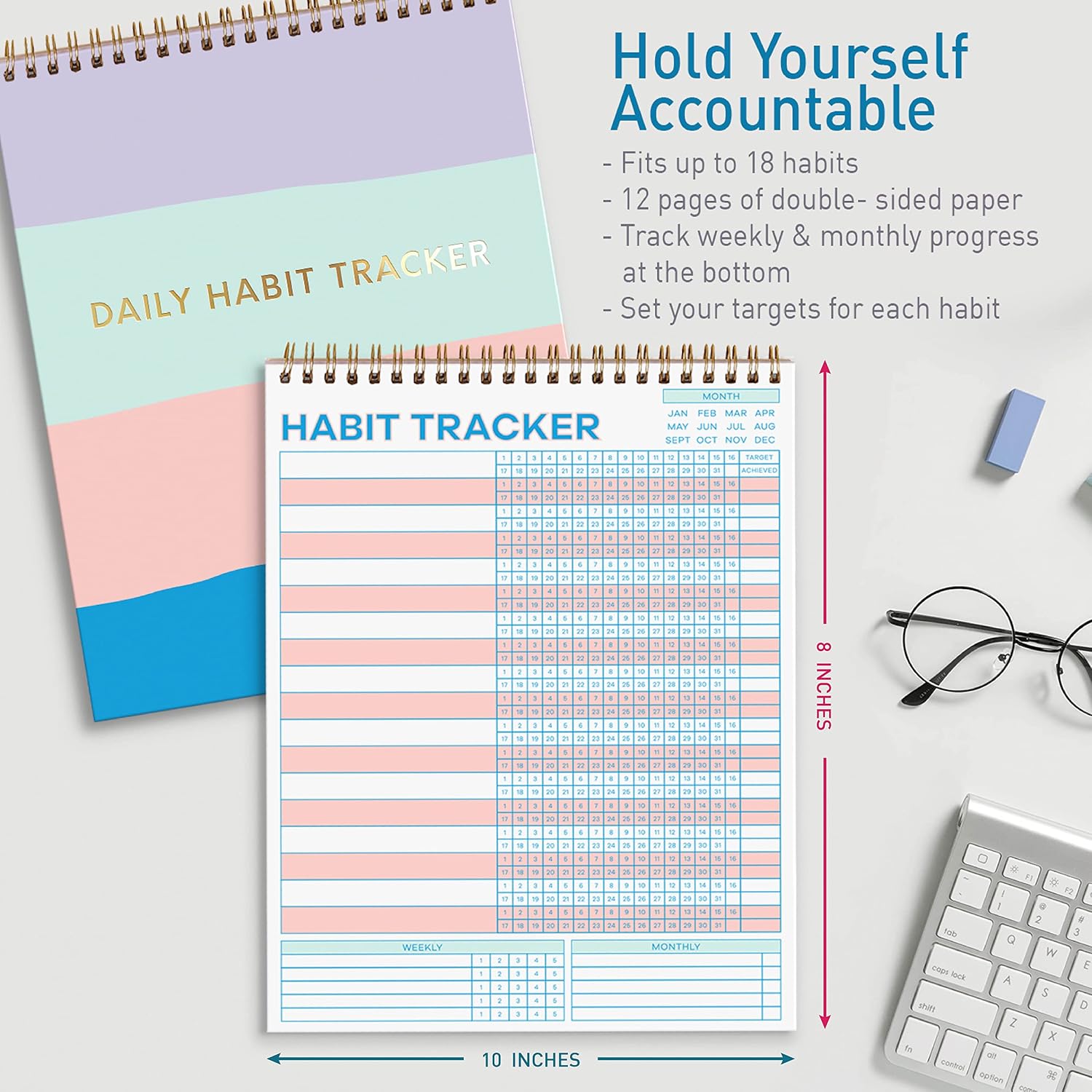 S&O Striped Habit Tracker Calendar - 24 Month Daily task Journal - Undated Routine Planner with Personalized Goal Chart for Health, Fitness & Finance - Weekly Chore Chart for Adults - view 2