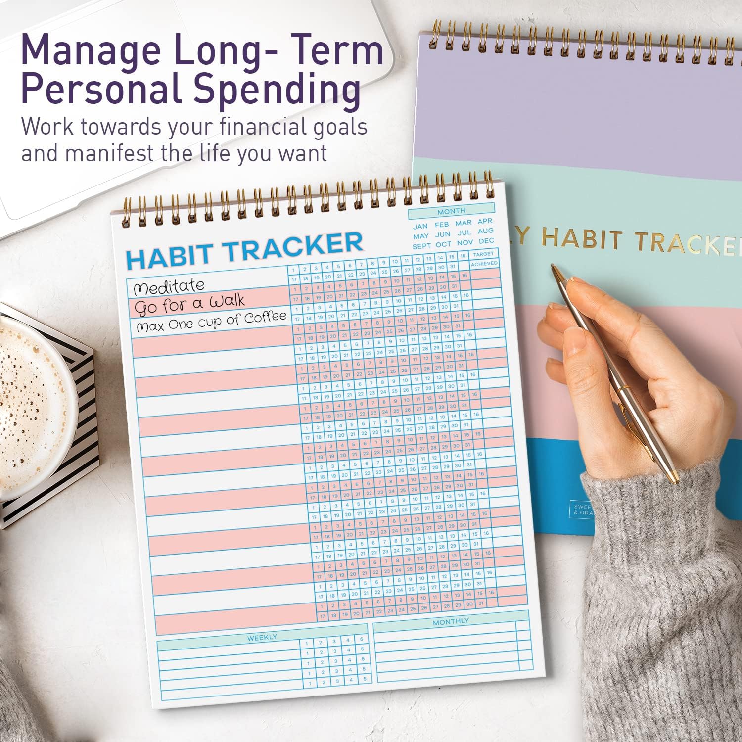 S&O Striped Habit Tracker Calendar - 24 Month Daily task Journal - Undated Routine Planner with Personalized Goal Chart for Health, Fitness & Finance - Weekly Chore Chart for Adults - view 7
