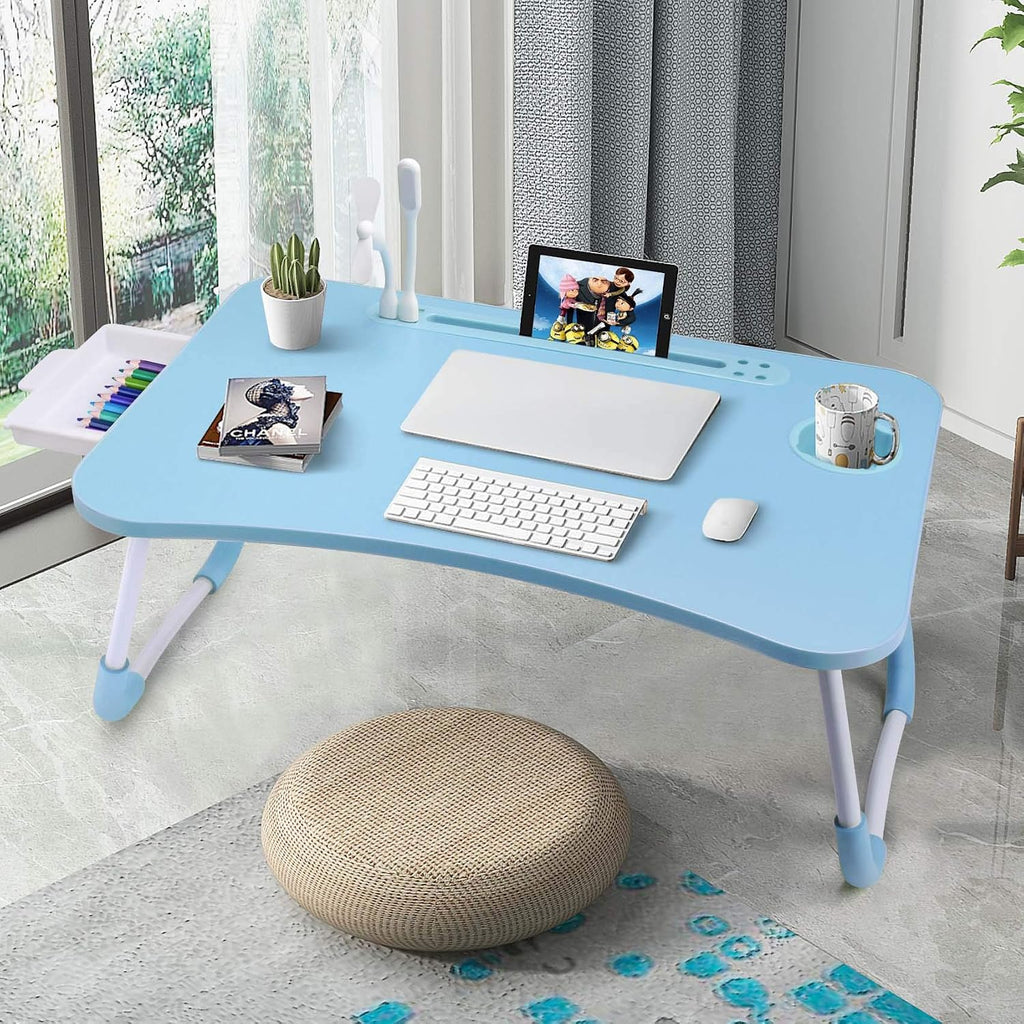 Bed desk for laptop and writing with storage, cup holder, light, fan, pen holder, tablet holder, foldable, for bed, couch, floor, portable, blue - view 4