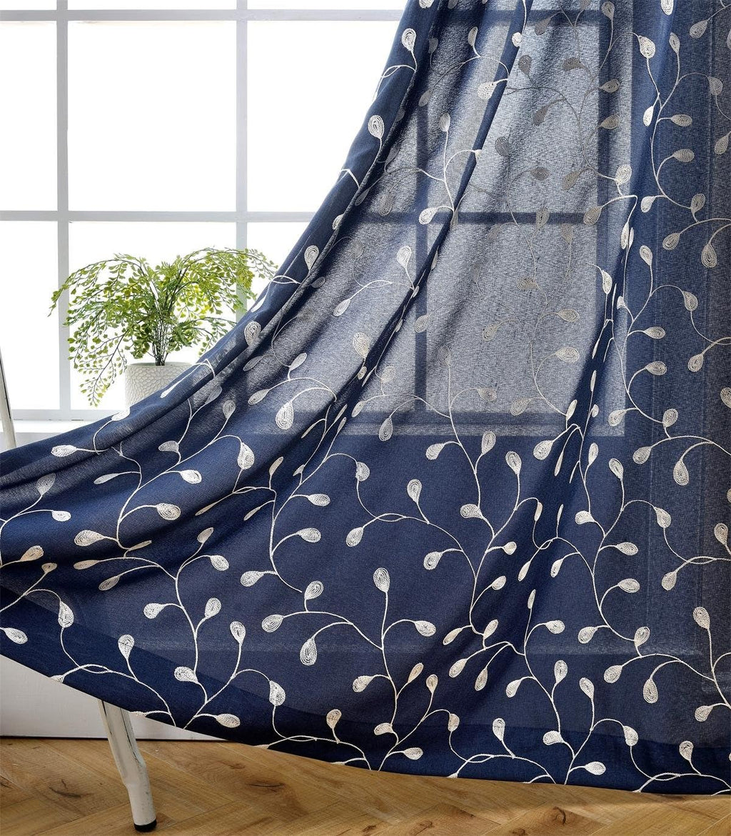 Floral embroidered semi sheer curtains faux linen grommet curtains for bedroom 52 x 84 inch 2 panels, navy blue