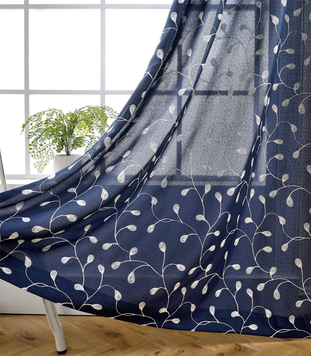 Floral embroidered semi sheer curtains faux linen grommet curtains for bedroom 52 x 84 inch 2 panels, navy blue