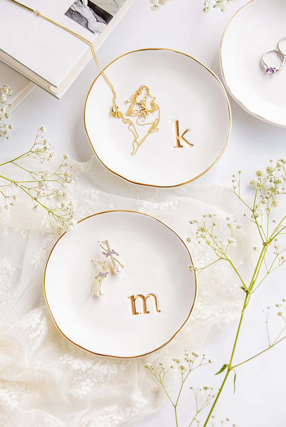 Ceramic Jewelry Tray, Trinket Dish, Gifts for Women (R) | Mother's Day, Birthday, Christmas, Engagement Gifts, Vanity, Nightstand Decor, Embossed Gold Monogram Ring Dish with Gift Box - view 3