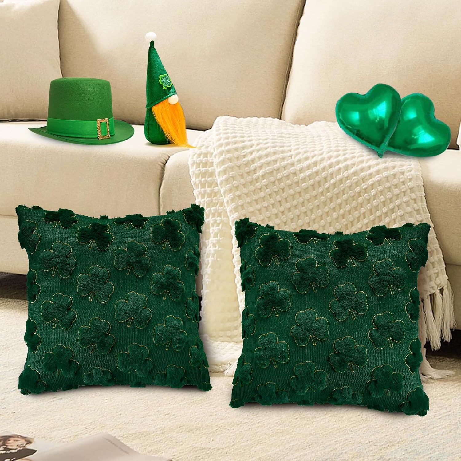 St Patricks Day Decorations Pillow Covers 18x18 inch Set of 2 Home Decor | Shamrock Shaped Pattern Faux Fur Soft Plush Home Decor St Patricks Pillow Case for Indoor Outdoor Sofa Bedroom Living Room - view 5