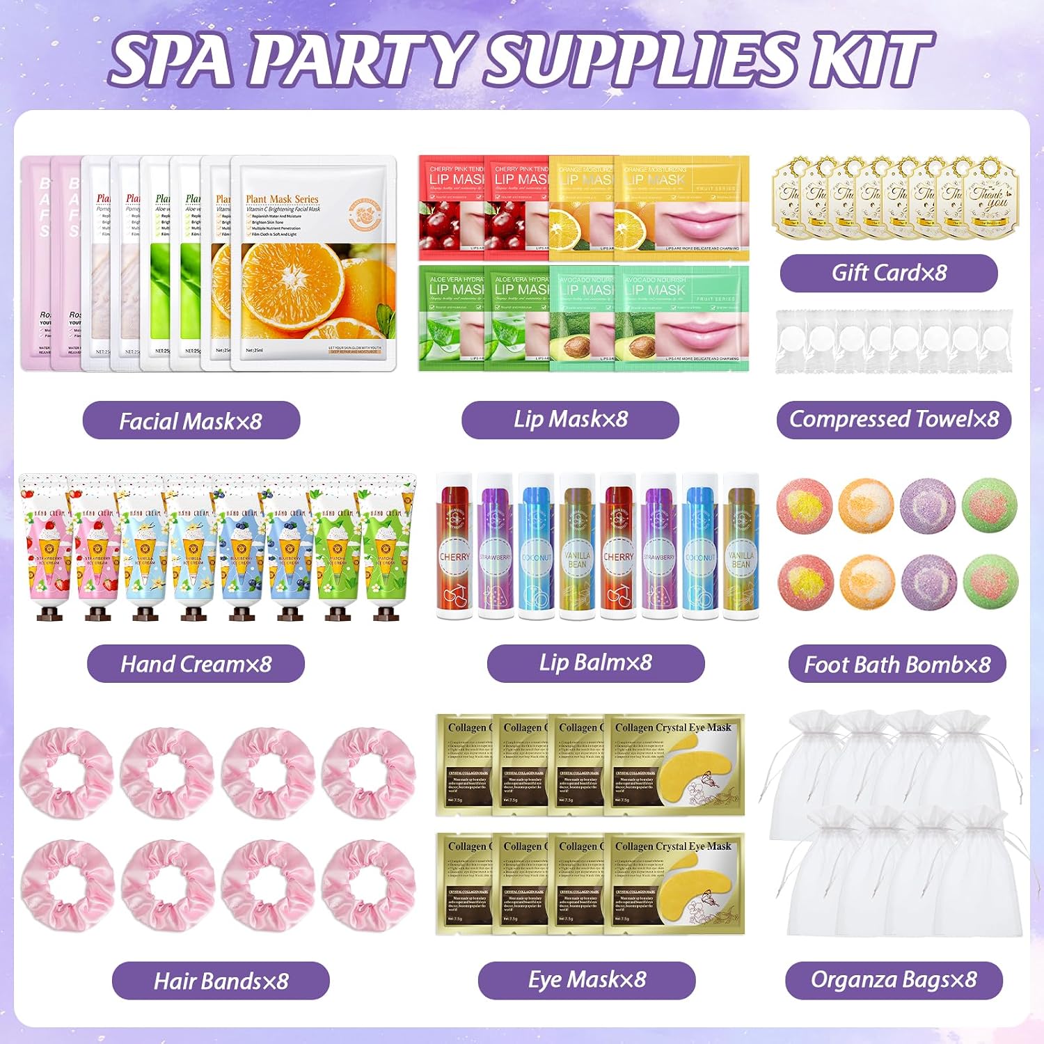 80pcs spa party favors, include face masks, lip balm, hand cream, under eye patches, lip mask, foot bath bombs, hair bands, sleepover spa party supplies, birthday kit for women girls gift skincare set - view 2