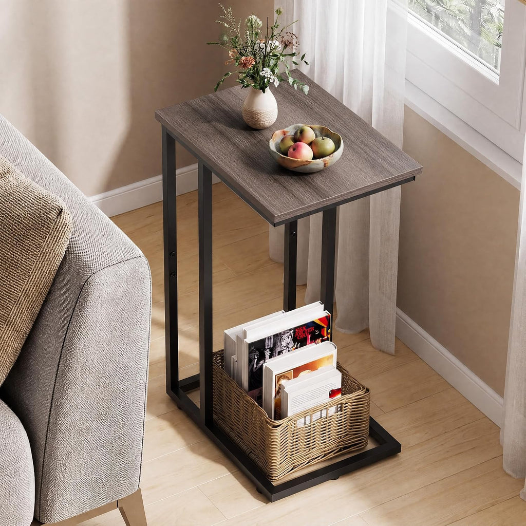 Small Side Table, C Shaped End Table for Couch, Sofa and Bed, Tv Tray Table that Slides Under for Living Room, Bedroom, Bedside, Gray and Black - view 2
