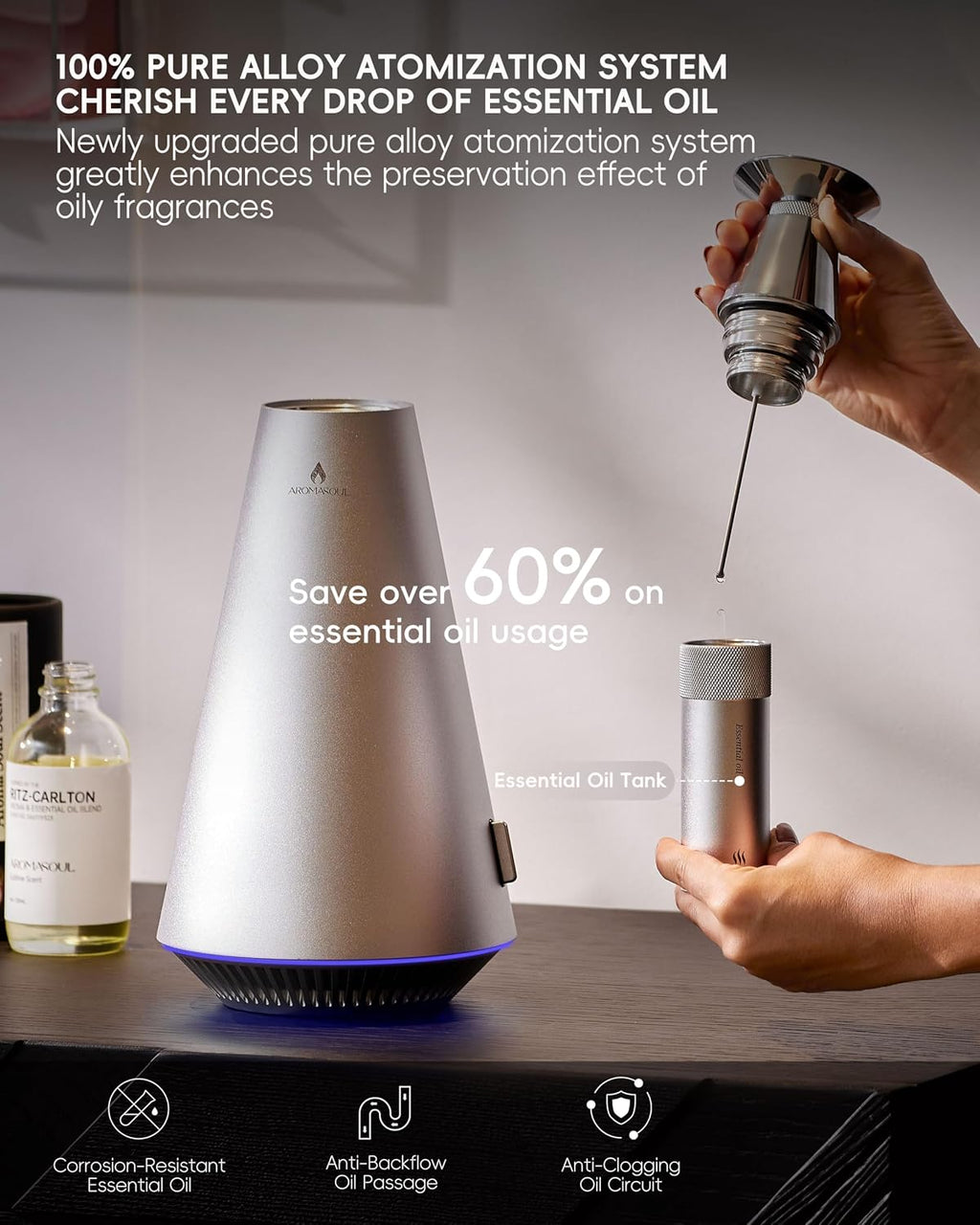 All-Metal Waterless Scent Diffuser Kit – 1500 Sq.Ft Coverage, Wireless Rechargeable,App Control, Mood Light, Hotel Scent Diffuser, Includes 5×15ml Essential Oils, for Home,Large Room,Spa,Silver - view 4
