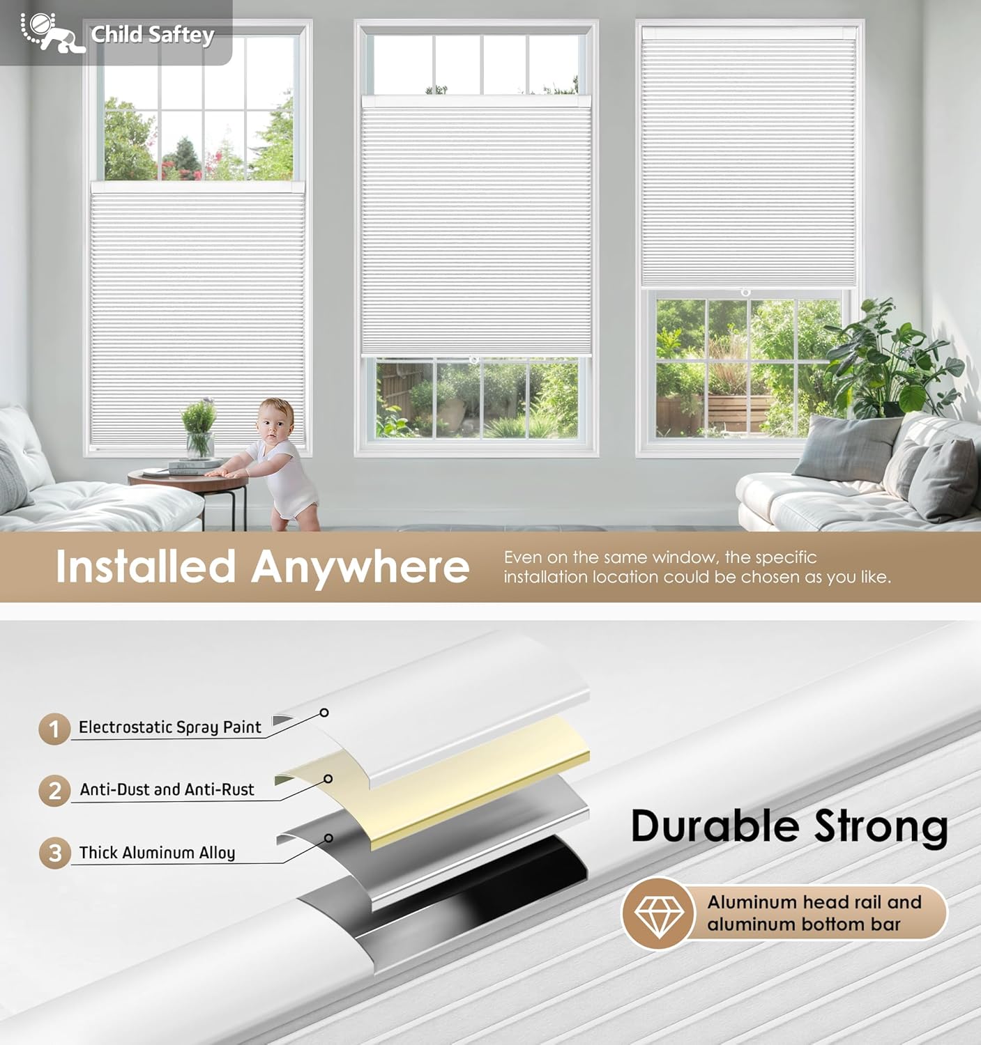 No drill cordless cellular shades, 22" W x 36" H, White | Blackout fabric protects privacy, with thermal insulation & noise reduction, safe cordless design for kids and pets - view 3