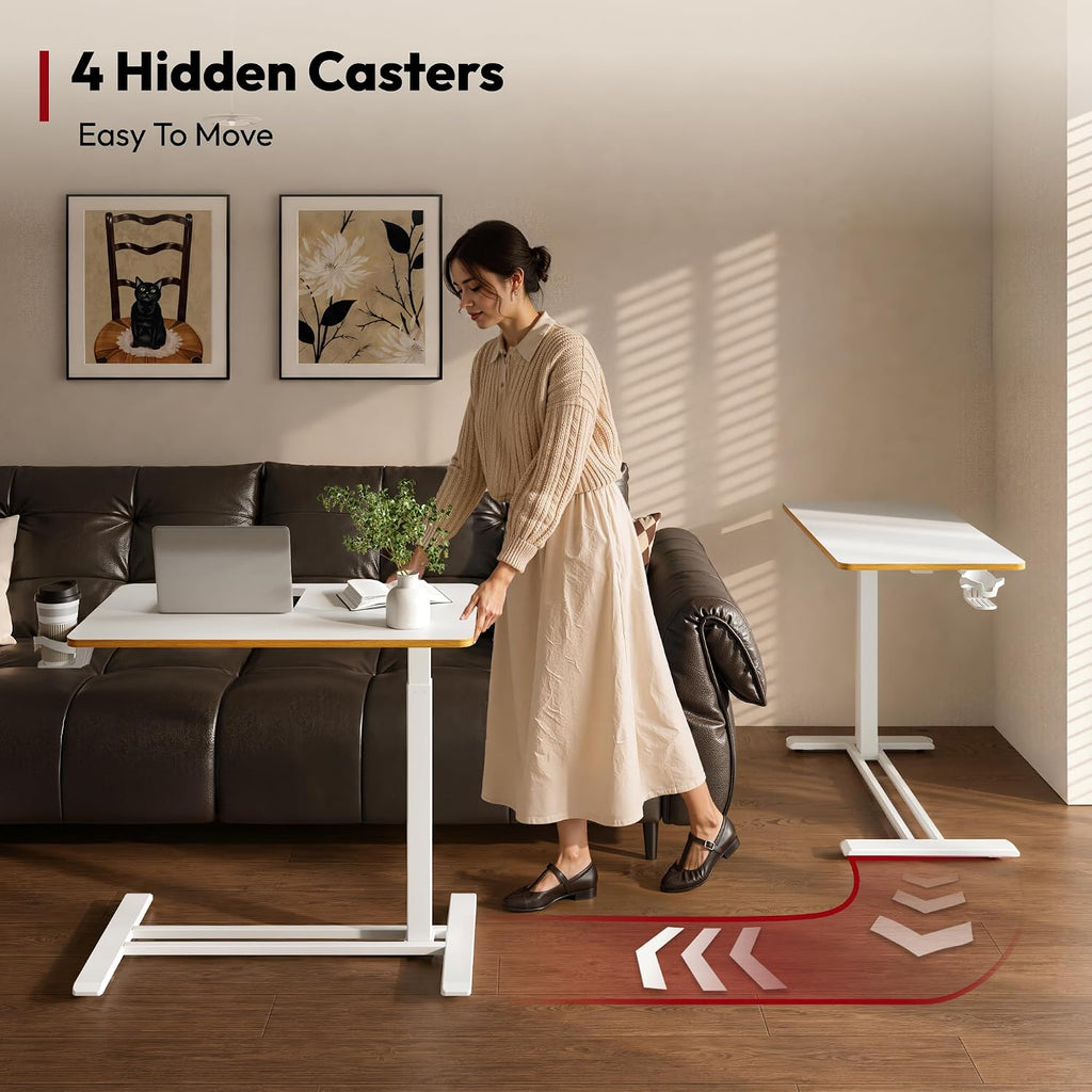 Medical Adjustable Overbed Bedside Table with Hidden Casters, Pneumatic Mobile Laptop Computer Standing Desk Cart Overbed Table with Tray, Hospital and Home Use(27.6" W x 15.7" D, White) - view 7