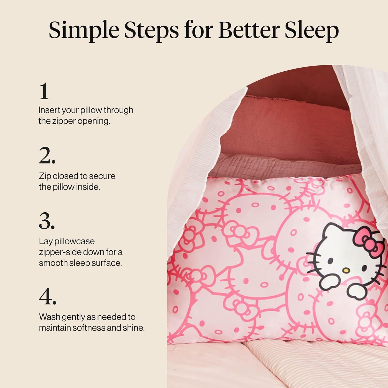 X Hello Kitty Satin Pillowcase - Size 19x36, Pink Kitty Faces | Softer Than Silk Pillow Cases, Smooth Cooling Satin Pillow Case Perfect for Toddlers, Wrinkle-Free, and Machine Washable - view 7