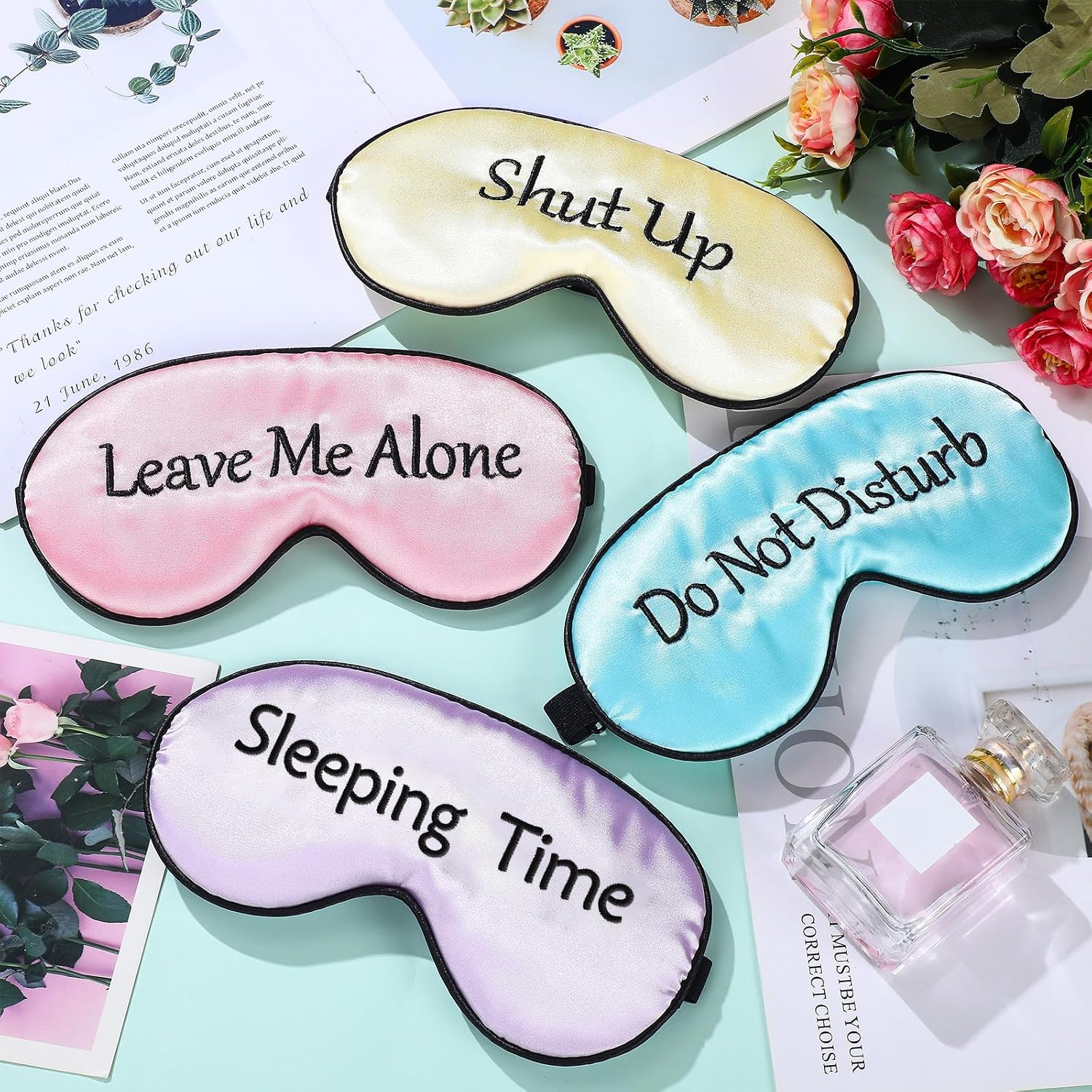 4 Pieces Funny Sleep Mask Silk Eye Mask Soft Blackout Blindfold with Adjustable Strap Sleeping Eye Cover for Women Men Night Travel, Nap, Meditation(Purple, Yellow, Light Blue, Pink) - view 7