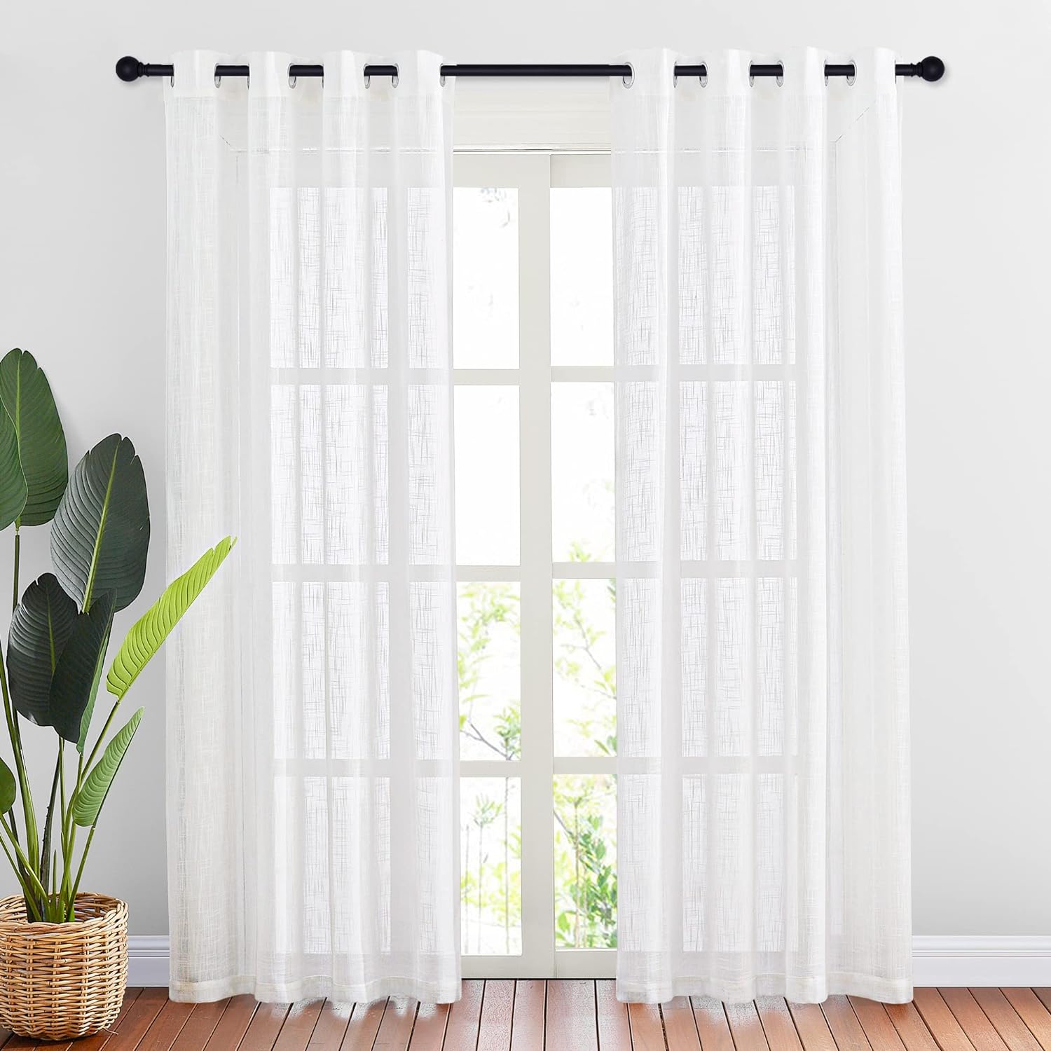 White Sheer Linen Curtains for Windows 84 inch Length, Grommet Top Semi Sheer Vertical Drapes Privacy with Light Filter for Bedroom/Living Room/Sliding Door, 52 inch Wide, 2 PCs