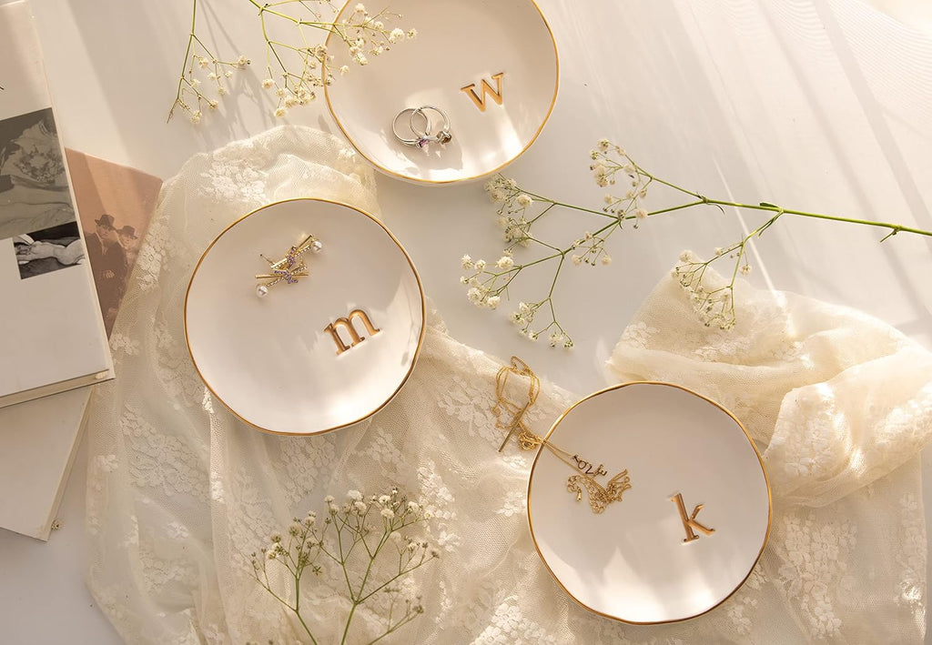 Ceramic Jewelry Tray, Trinket Dish, Gifts for Women (R) | Mother's Day, Birthday, Christmas, Engagement Gifts, Vanity, Nightstand Decor, Embossed Gold Monogram Ring Dish with Gift Box - view 6