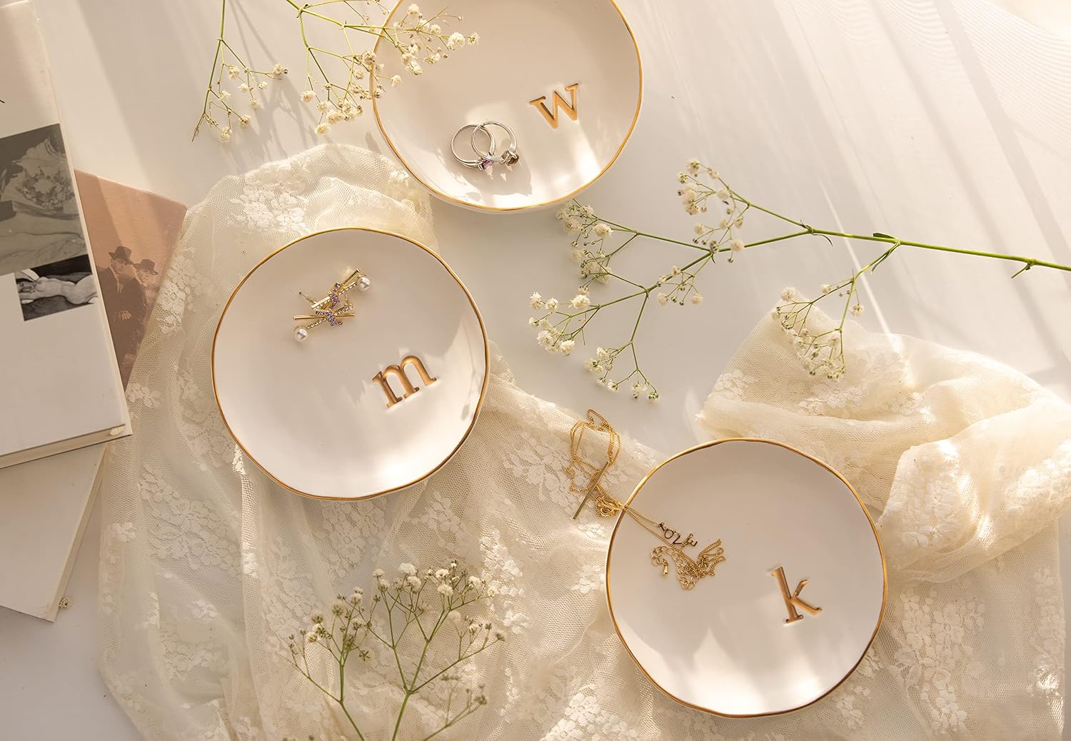 Ceramic Jewelry Tray, Trinket Dish, Gifts for Women (R) | Mother's Day, Birthday, Christmas, Engagement Gifts, Vanity, Nightstand Decor, Embossed Gold Monogram Ring Dish with Gift Box - view 6
