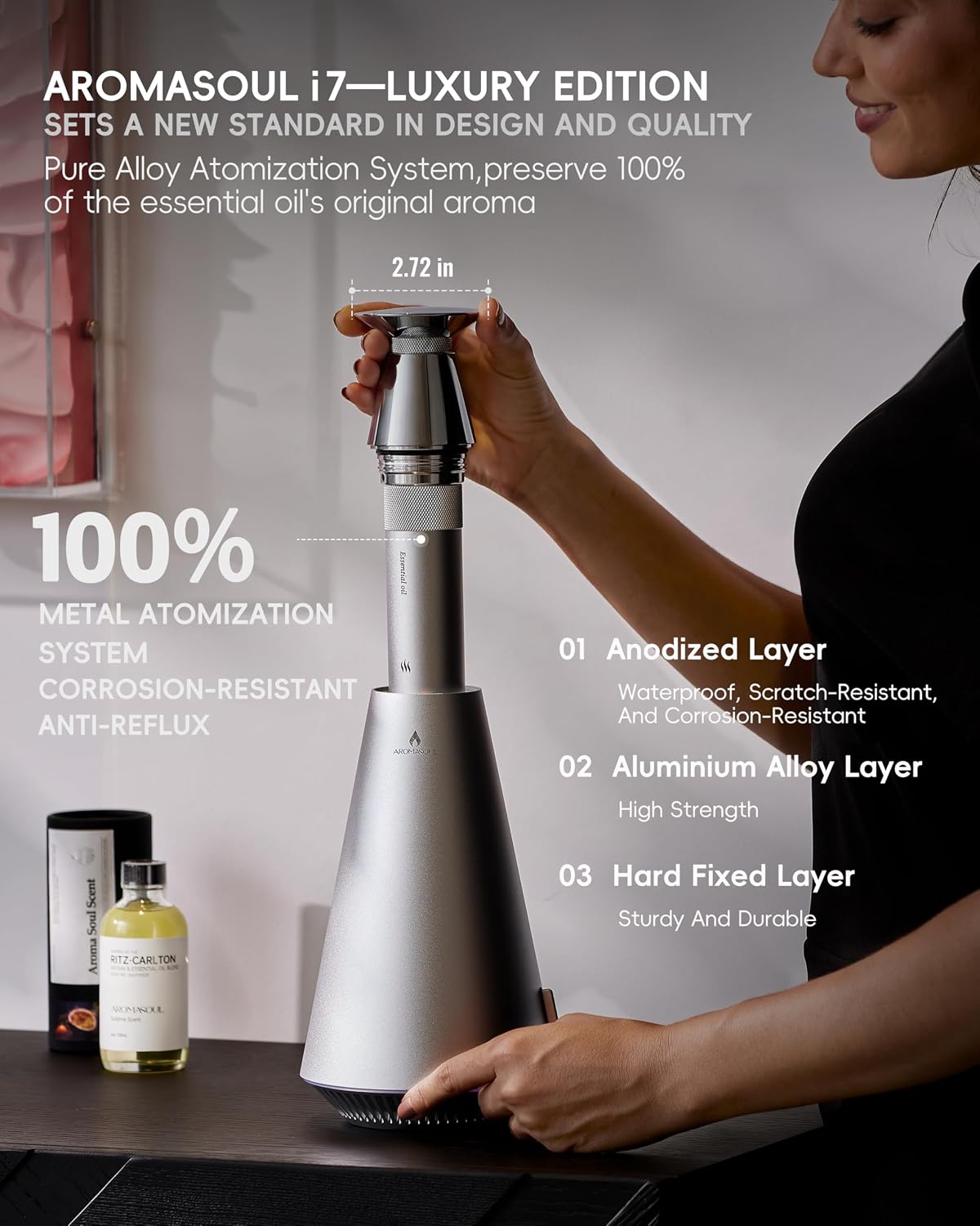 All-Metal Waterless Scent Diffuser Kit – 1500 Sq.Ft Coverage, Wireless Rechargeable,App Control, Mood Light, Hotel Scent Diffuser, Includes 5×15ml Essential Oils, for Home,Large Room,Spa,Silver - view 3