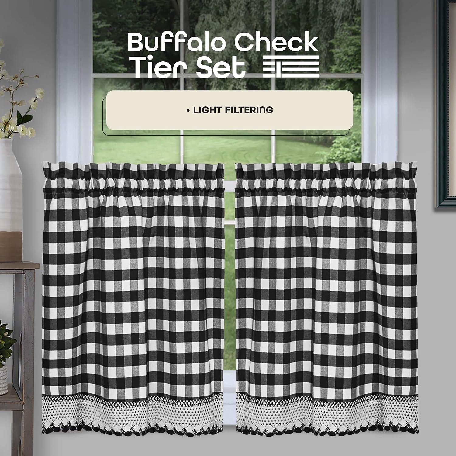 Buffalo Check Tier Pair Window Curtain Set - 58 Inch Width, 36 Inch Length - Black & White Plaid Drapes - Light Filtering Drapes for Kitchen, Bedroom, Living & Dining Room Home Decor - view 2