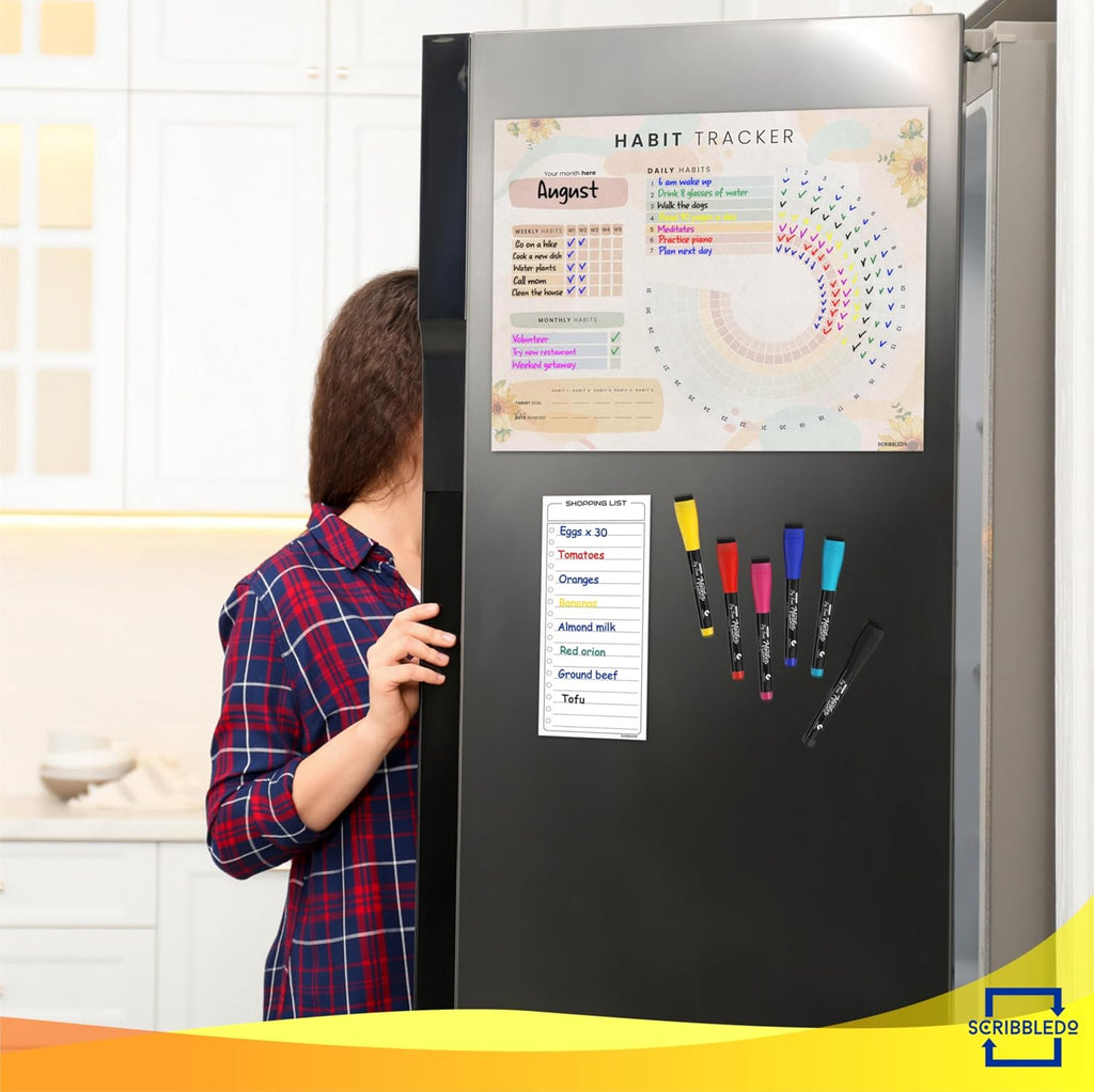 Habit Tracker Journal Workout Motivation Fridge Calendar Dry Erase 13” X 17” Magnet Health Fitness Goal Tracker Goals Board - With Shopping Grocery List - 6 Markers Included - view 5