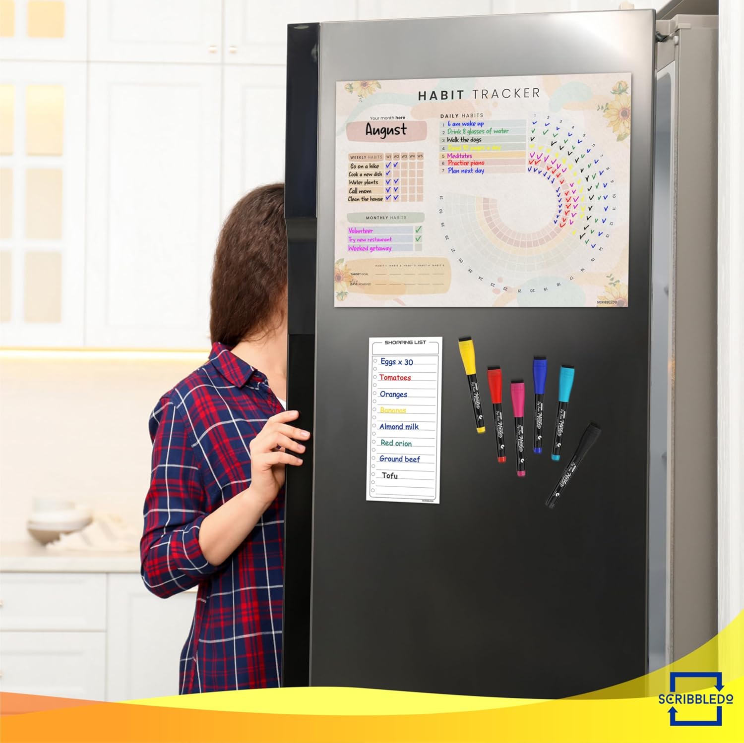 Habit Tracker Journal Workout Motivation Fridge Calendar Dry Erase 13” X 17” Magnet Health Fitness Goal Tracker Goals Board - With Shopping Grocery List - 6 Markers Included - view 5