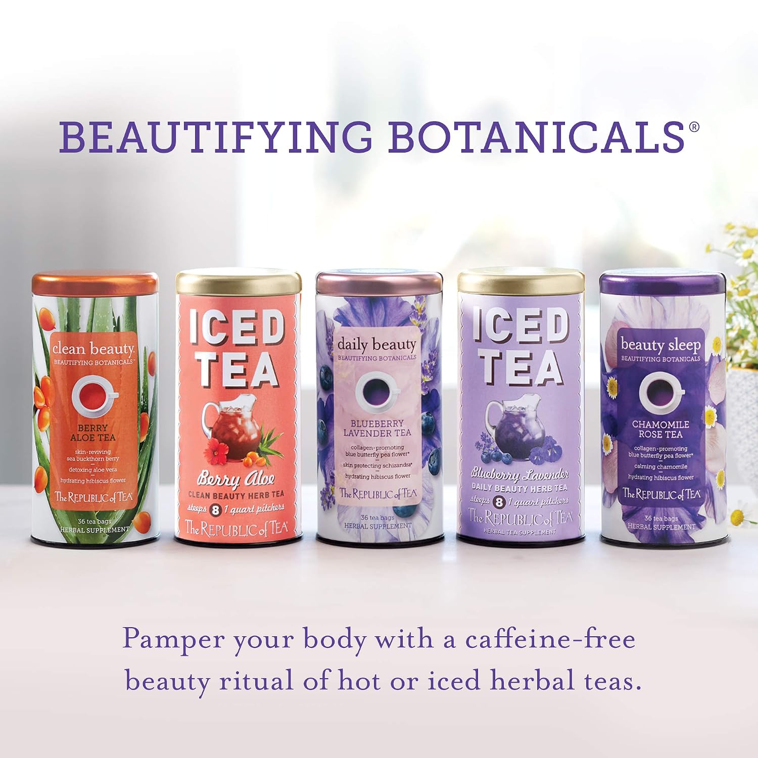 The republic of tea beautifying botanicals daily beauty herbal tea, 36 ct | Caffeine free. Suitable for day or evening sipping. Bright and tart with notes of soft florals. Gluten free and kosher. - view 5