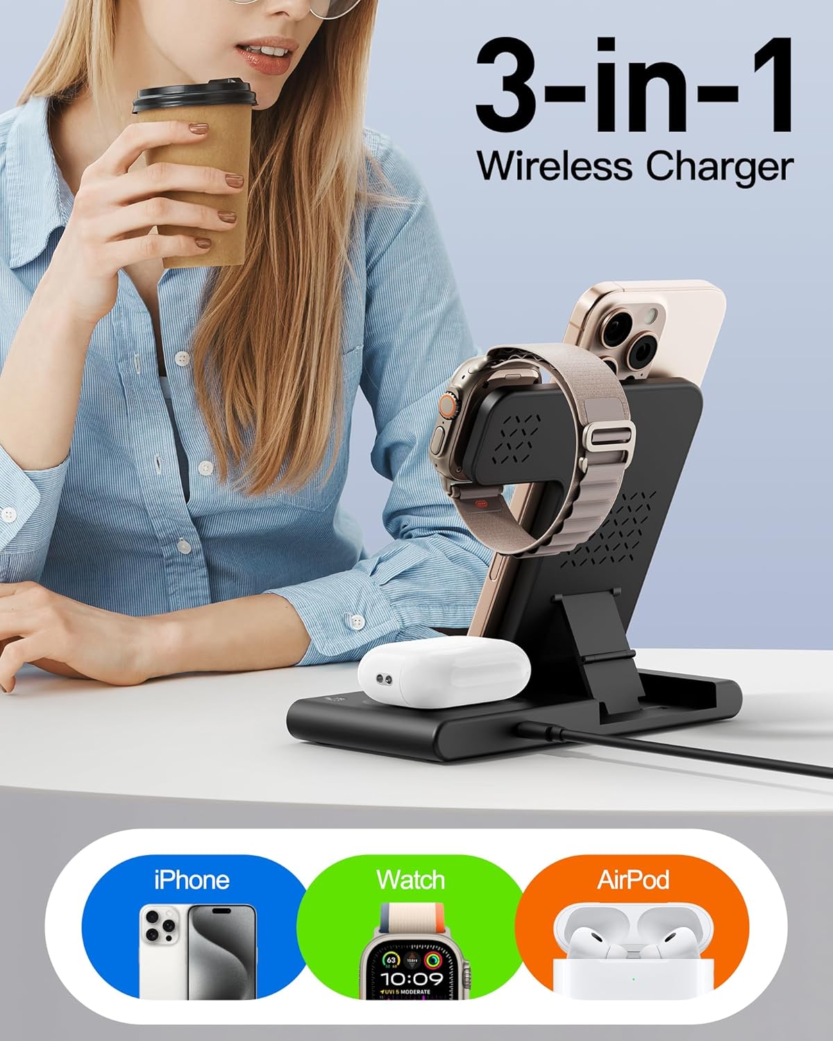 2026 Wireless Charger for Apple and Android Charging Station,3 in 1 Fast Max Charging for iPhone 16 15 14 13 12 Pro Max Plus, Apple Watch Series & Air pods 4 3 2 Pro, Android Samsung Galaxy Series - view 6