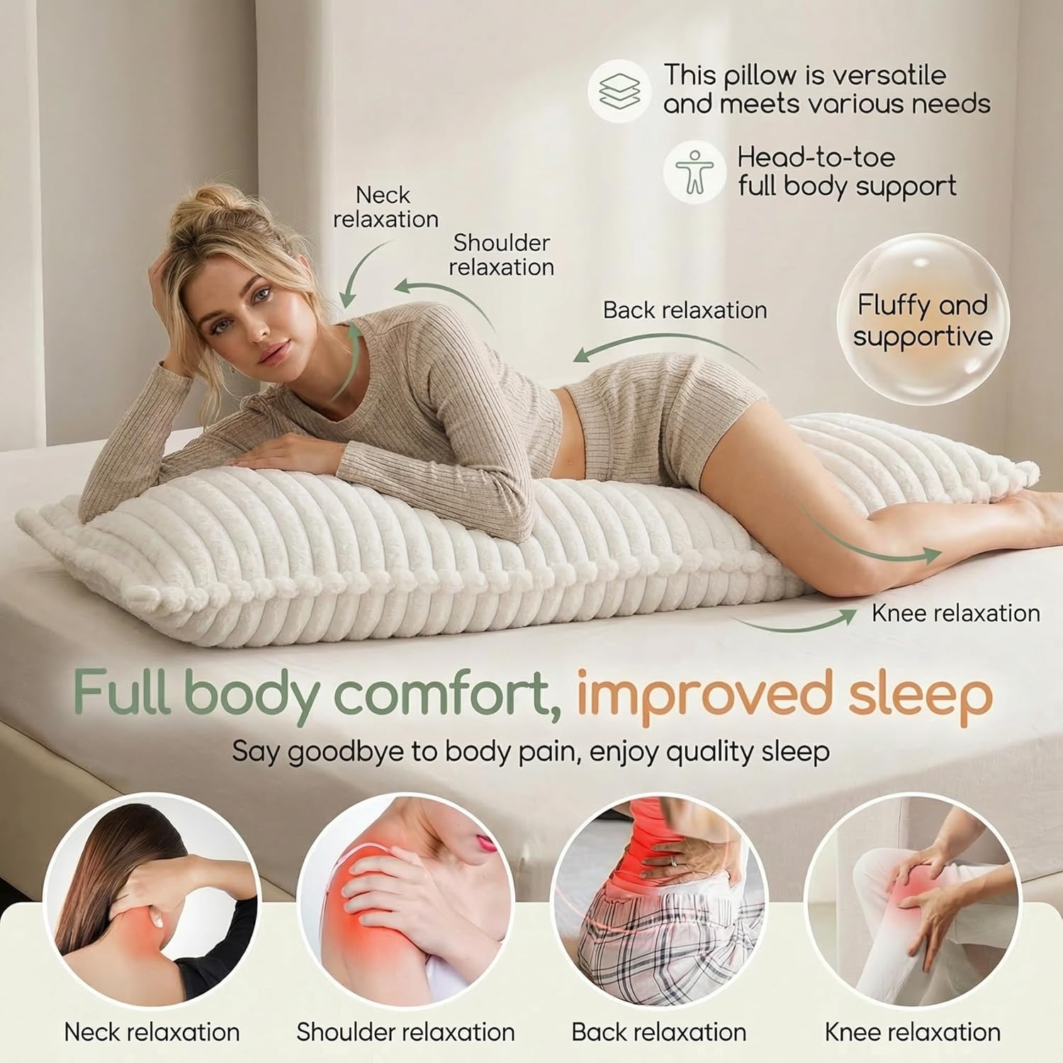 Luxurious Faux Fur Full Body Pillow for Adults,Shredded Memory Foam Body Pillows for Side Sleeper & Pregnancy, 20x54 Inch Fluffy Long Bed Pillow for Back Pain Relief, Removable Cover - view 3