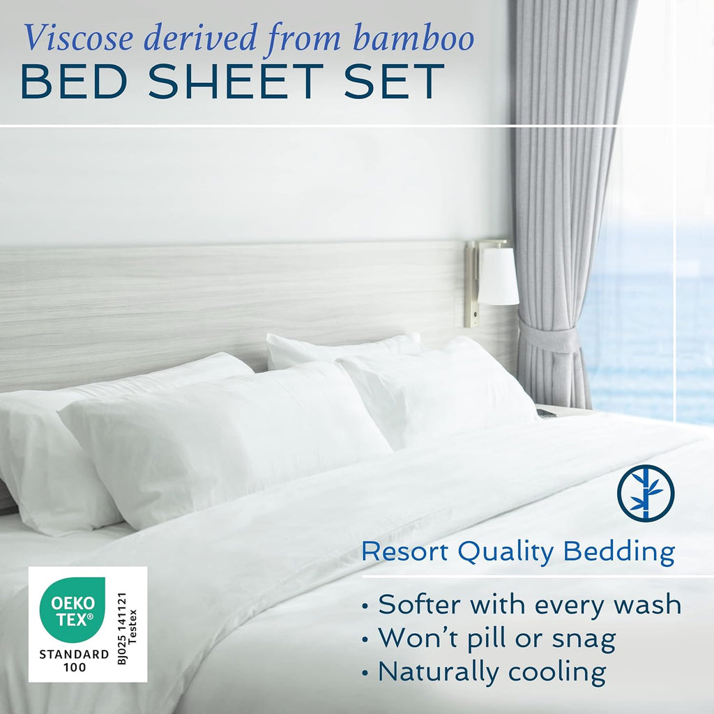 4 piece bed sheet set queen size, 100% viscose derived from bamboo sheets set with 2 pillowcases, cooling & breathable luxury bedding, moisture-wicking & silky soft texture, white - view 2