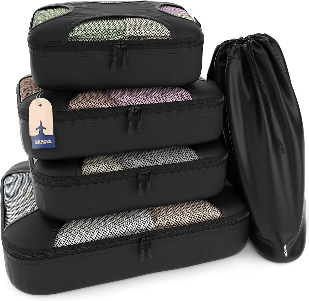 5 set packing cubes for travel with laundry bag (pure black) | suitcase organizer bags set: 4 water-resistant luggage cubes, XL to small, + laundry bag for carry-on or checked