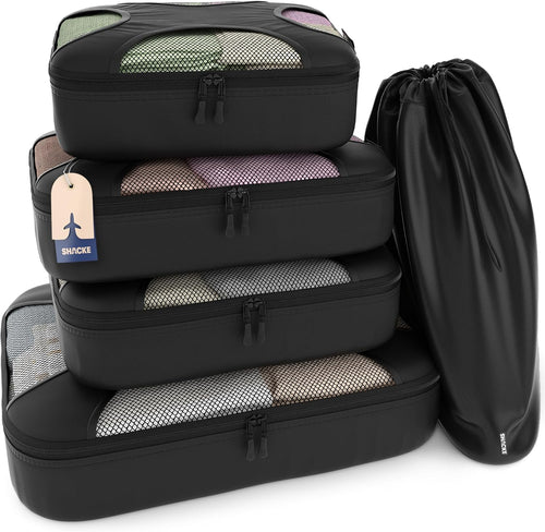 5 set packing cubes for travel with laundry bag (pure black) | suitcase organizer bags set: 4 water-resistant luggage cubes, XL to small, + laundry bag for carry-on or checked